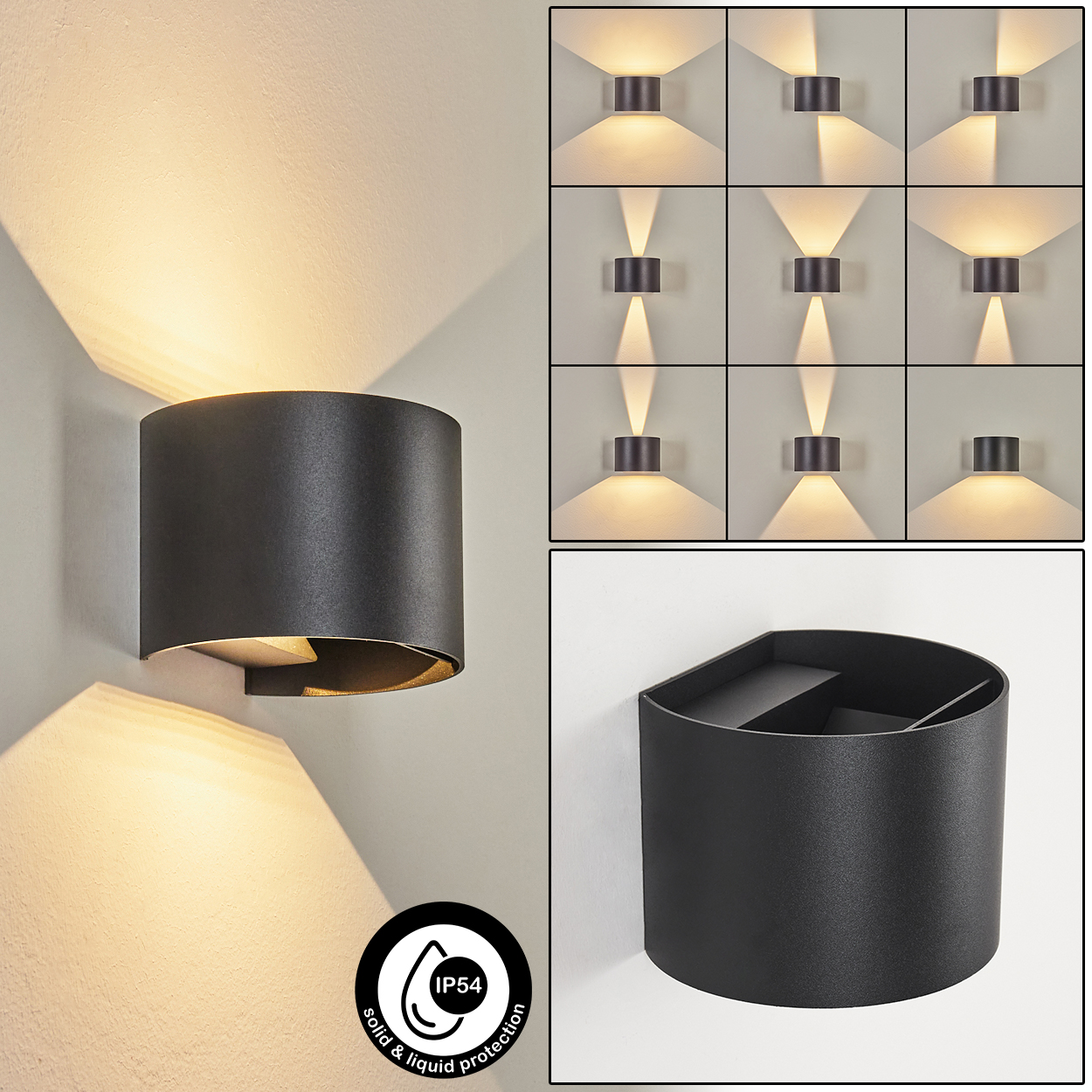 Schwarze zylindrische Wandleuchte mit nach oben und unten scheinendem Licht. Verschiedene Lichtmuster in den inset Bildern. IP54 Wasserschutz.