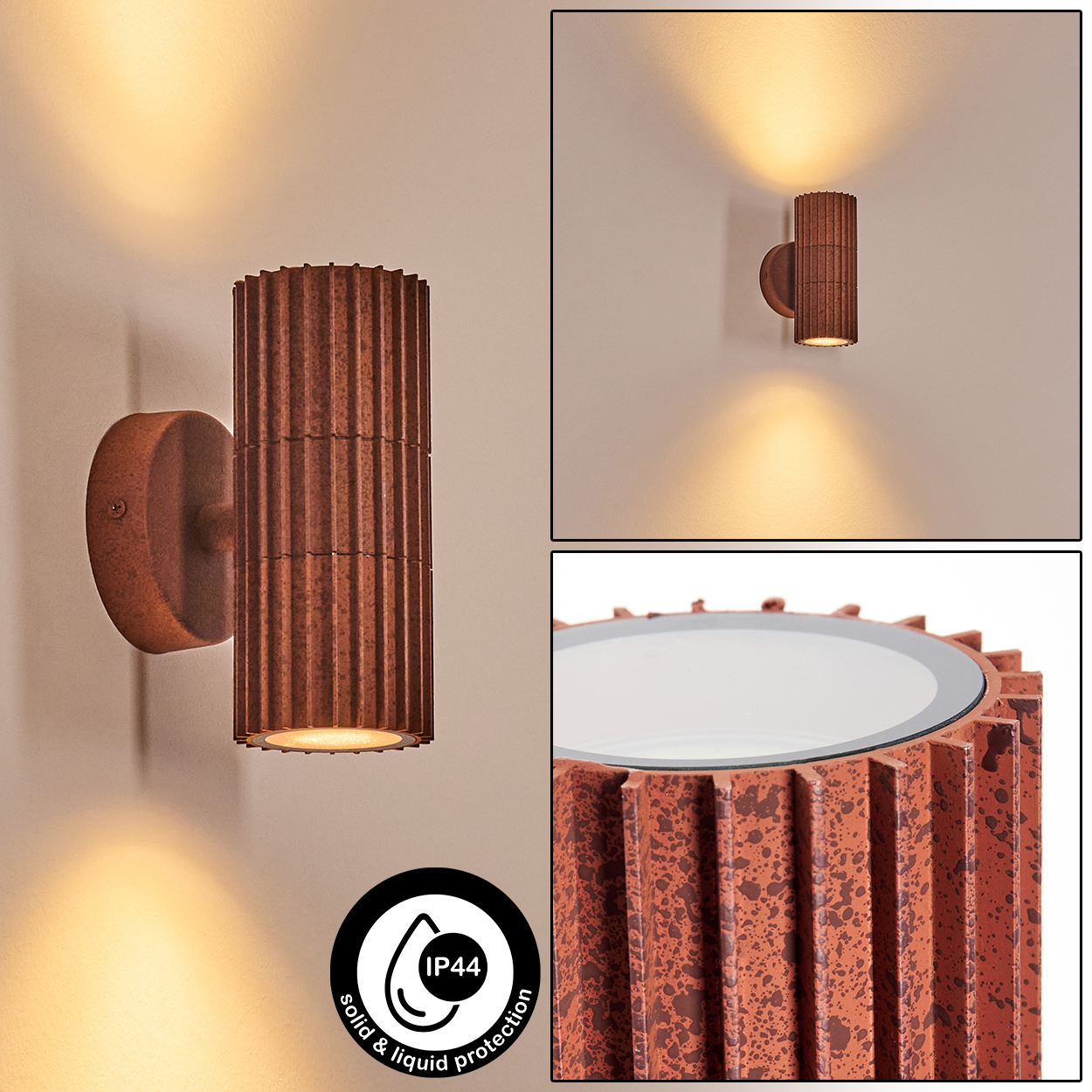 Eine rostbraune, zylindrische Wandlampe wird an einer hellbeigen Wand gezeigt. Sie hat eine geriffelte Oberfläche und gibt warmes Licht ab.