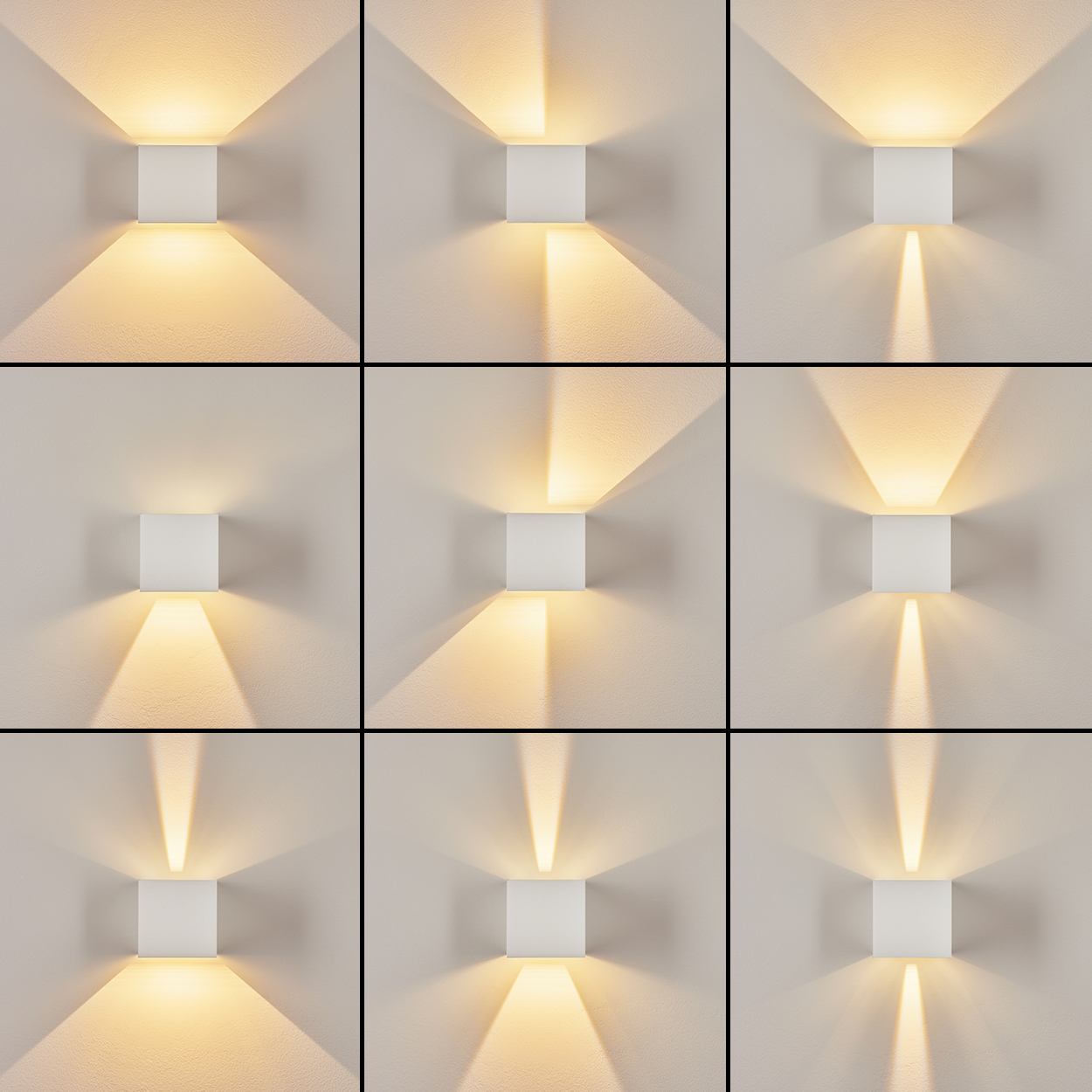 Neun quadratische, weiße Wandleuchten. Jede strahlt unterschiedliche Lichtmuster auf die beige Wand. Schatten variieren.