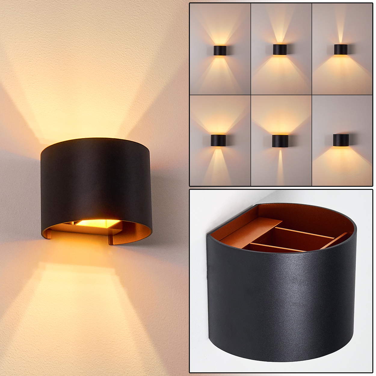 Eine schwarze Wandleuchte mit goldenem Innenraum ist an einer weißen Wand montiert. Die Lampe strahlt warmes Licht aus. Mehrere Lampenbeispiele sind ebenfalls gezeigt.