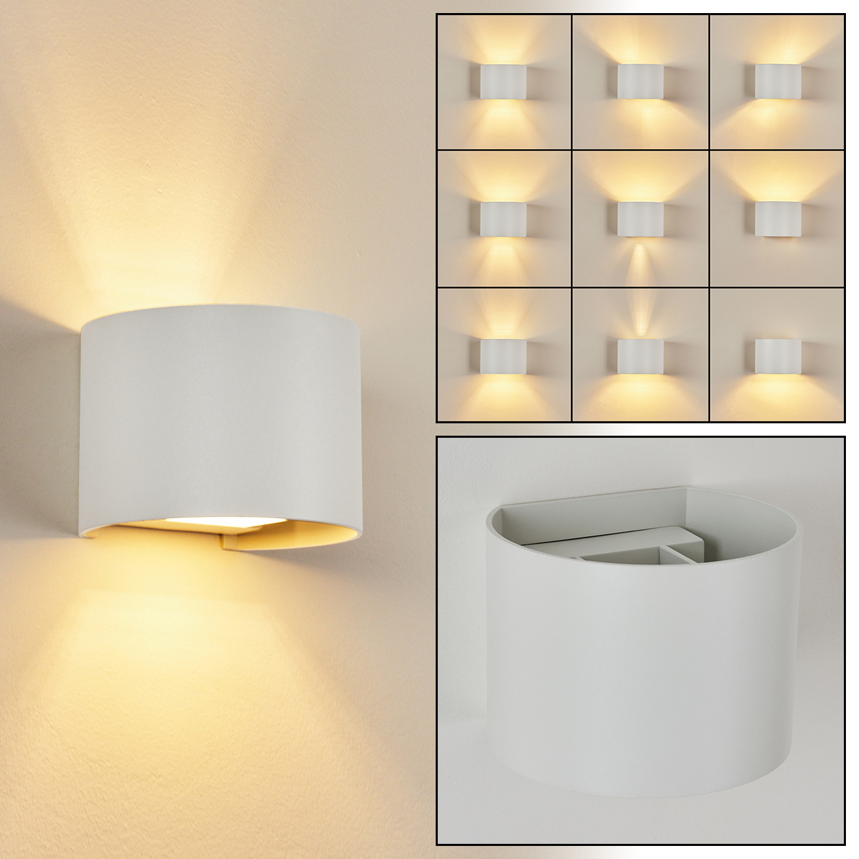 Eine weiße Wandlampe strahlt warmes Licht aus. Neun ähnliche Lampen sind in einem Raster dargestellt. Nahaufnahme zeigt das Innere der Lampe.