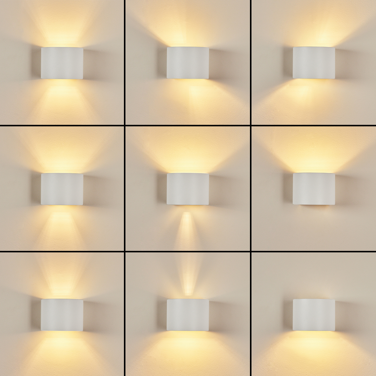 Neun weiße Wandlampen mit unterschiedlichen Lichtmustern werden vor einer beige Wand gezeigt. Jede Lampe ist rechteckig und strahlt Licht aus.