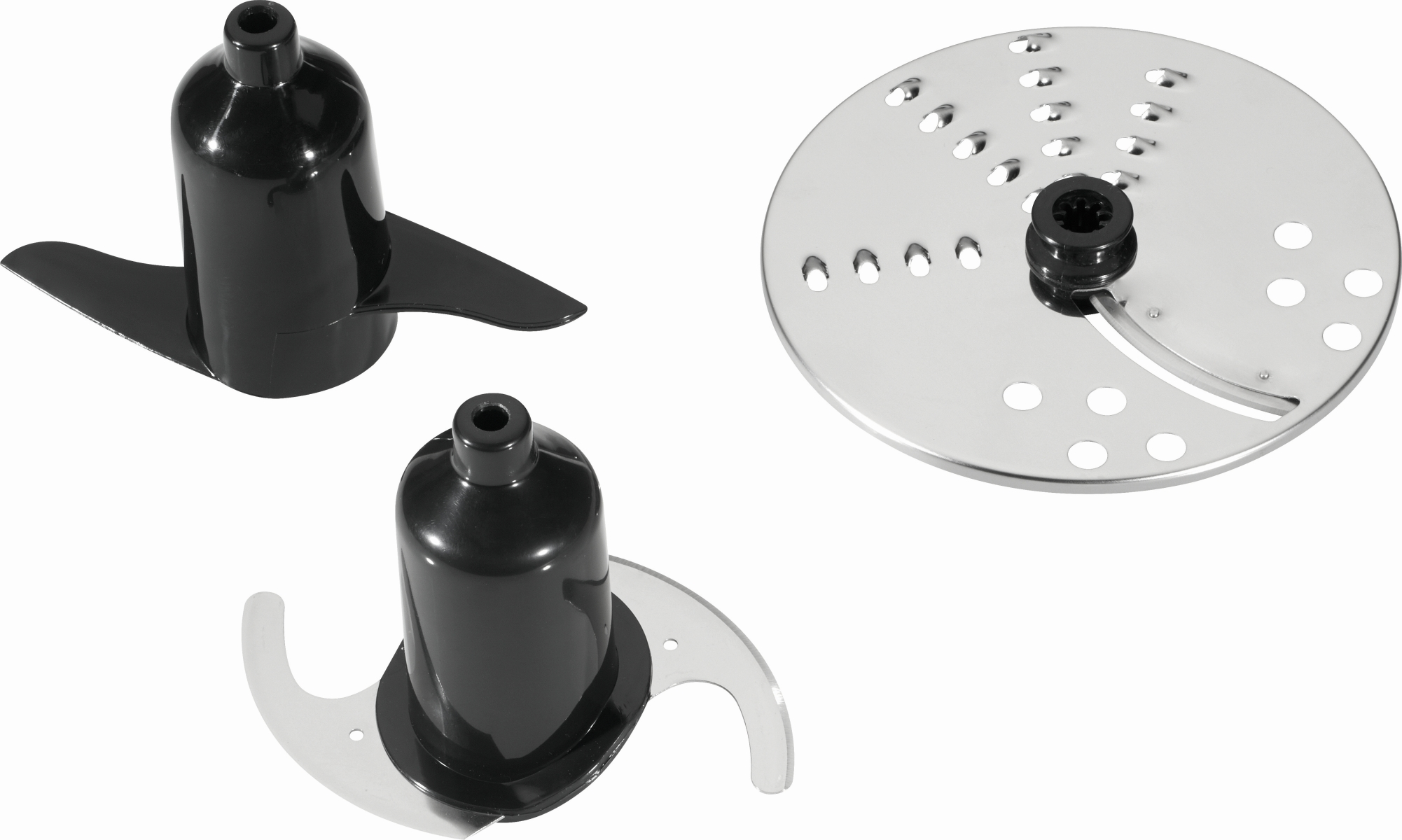 Zdjęcie przedstawia ostrza robota kuchennego: dwa czarne ostrza i srebrne, okrągłe ostrze do krojenia z wieloma otworami.