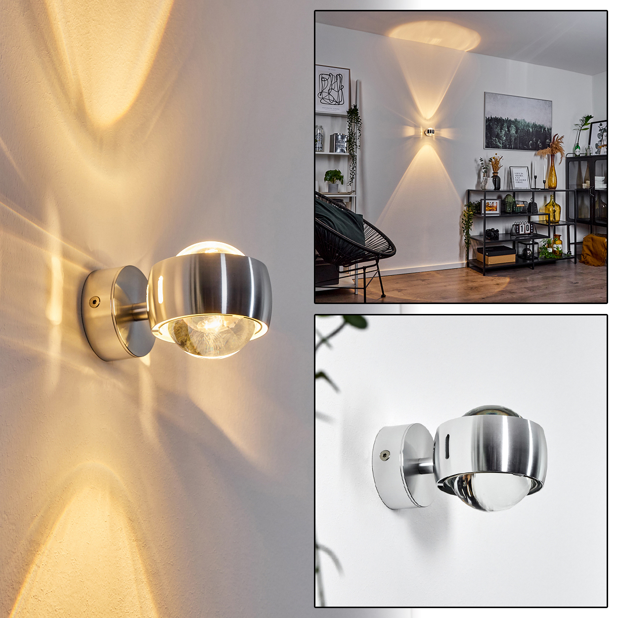 Eine moderne Wandleuchte mit metallischem Finish. Sie hat einen kugelförmigen Glasschirm und wirft Licht an die Wand.