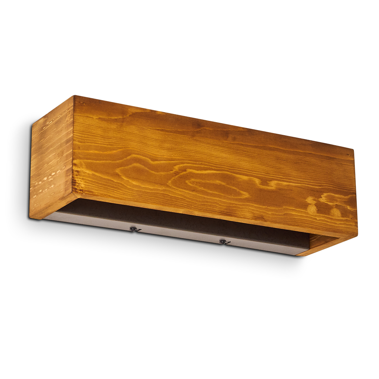 Eine rechteckige Holzleuchte ist an einer weißen Wand montiert. Das Holz hat eine braune Beize und sichtbare Maserung.