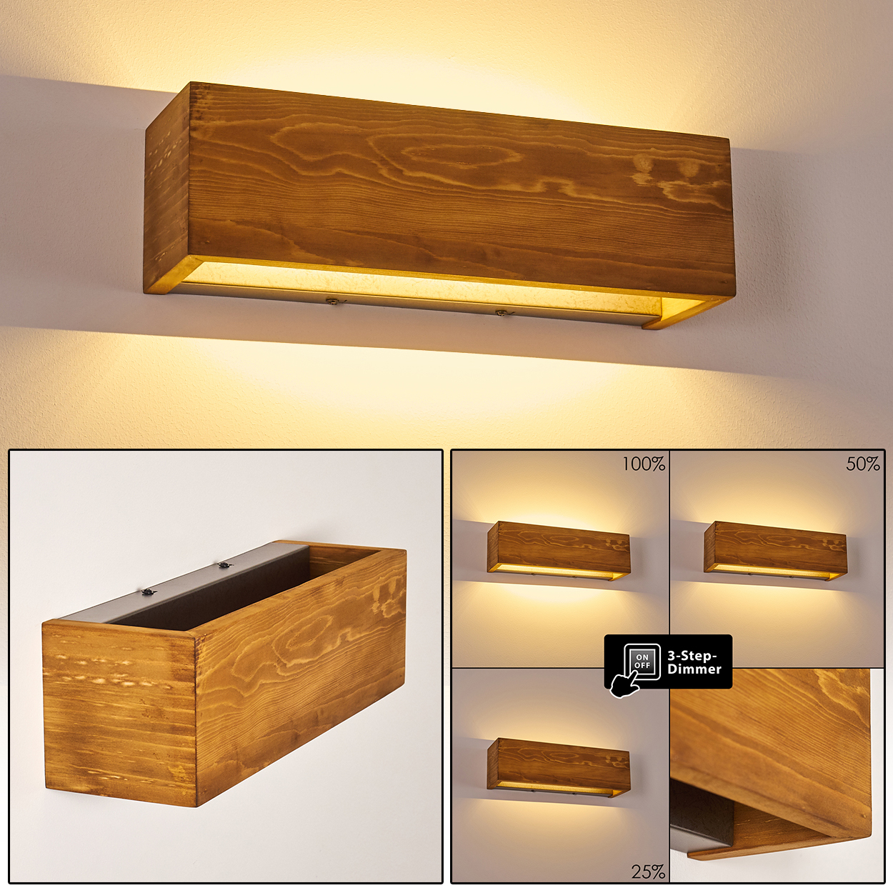 Holz-Wandleuchte. Die Lampe ist rechteckig. Sie ist aus Holz mit warmer Farbe gefertigt. Sie hat eine Lichtquelle.