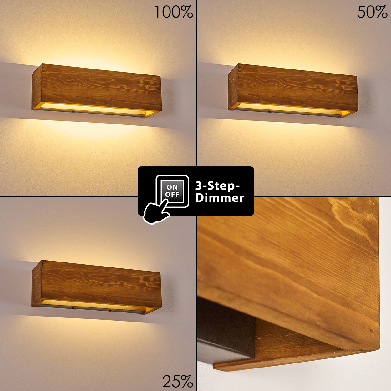 Eine hölzerne Wandlampe wird in drei verschiedenen Lichtintensitäten gezeigt: 100 %, 50 % und 25 %. Ein Dimmer-Steuerungssymbol ist in der Mitte.