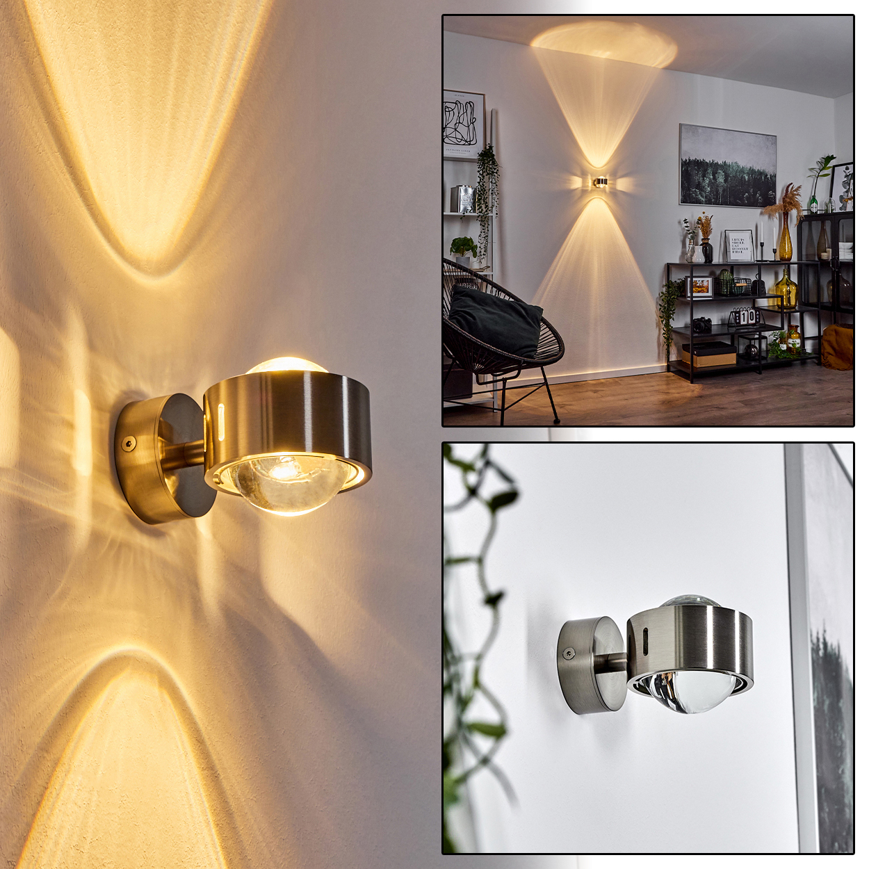 Eine moderne Wandlampe mit metallischem Finish, die Lichtmuster wirft. Das Bild zeigt die Lampe in verschiedenen Perspektiven und Umgebungen.