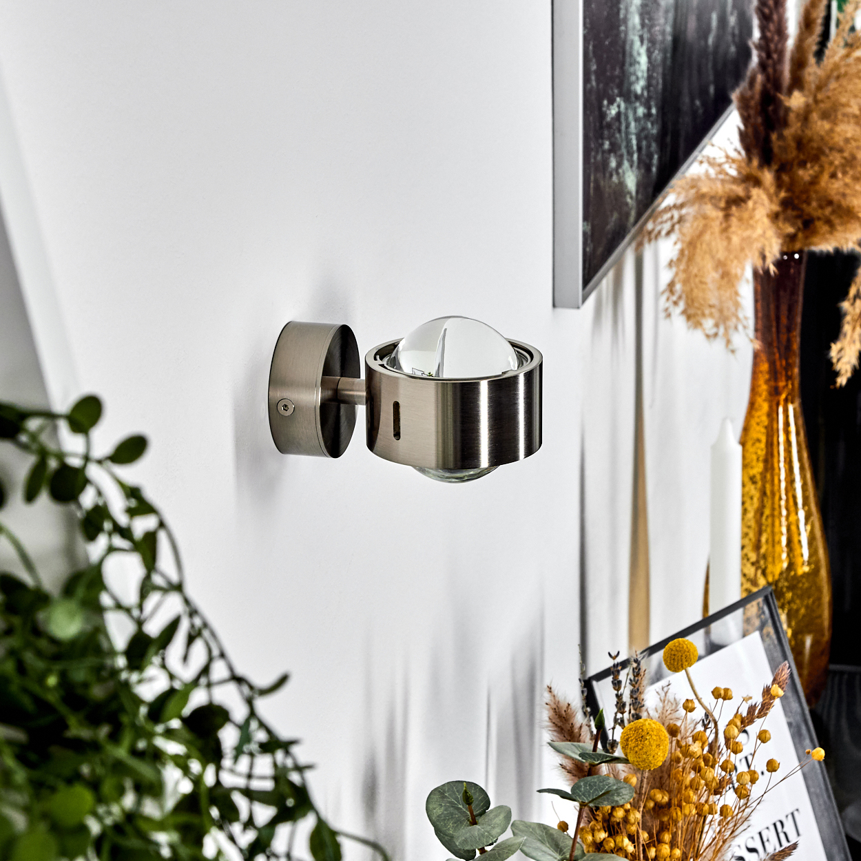Eine metallische Wandlampe mit Glaskugel. Der Hintergrund umfasst Dekoration, ein Bild und Pflanzen, mit einer weißen Wand.