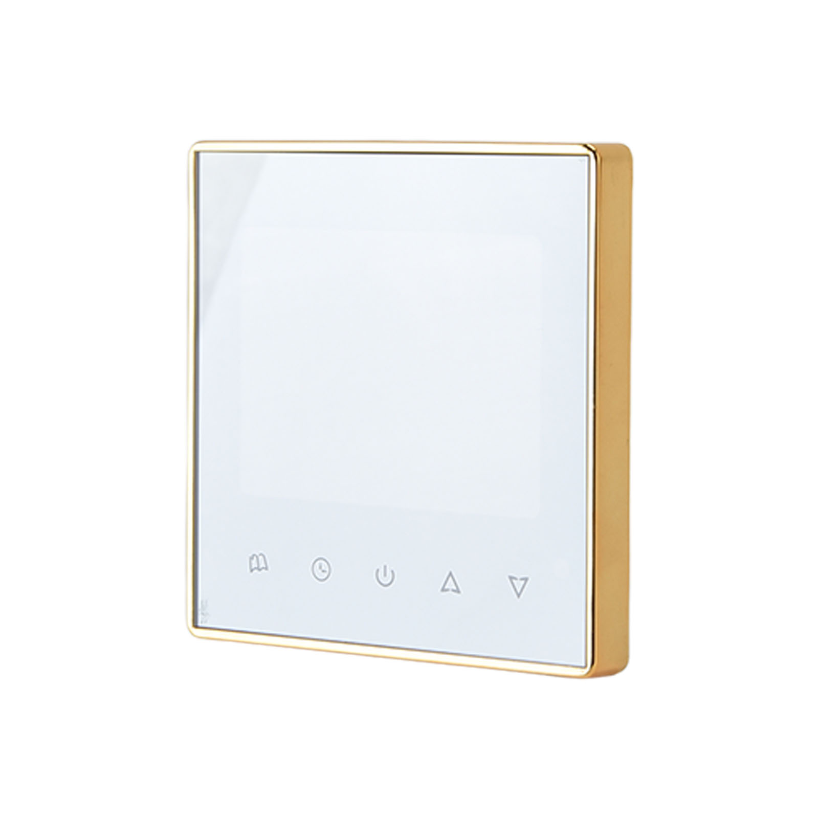 Ein quadratisches, weißes Touchscreen-Gerät mit goldenem Rahmen. Es hat Symbole für Einstellungen und Steuerung.