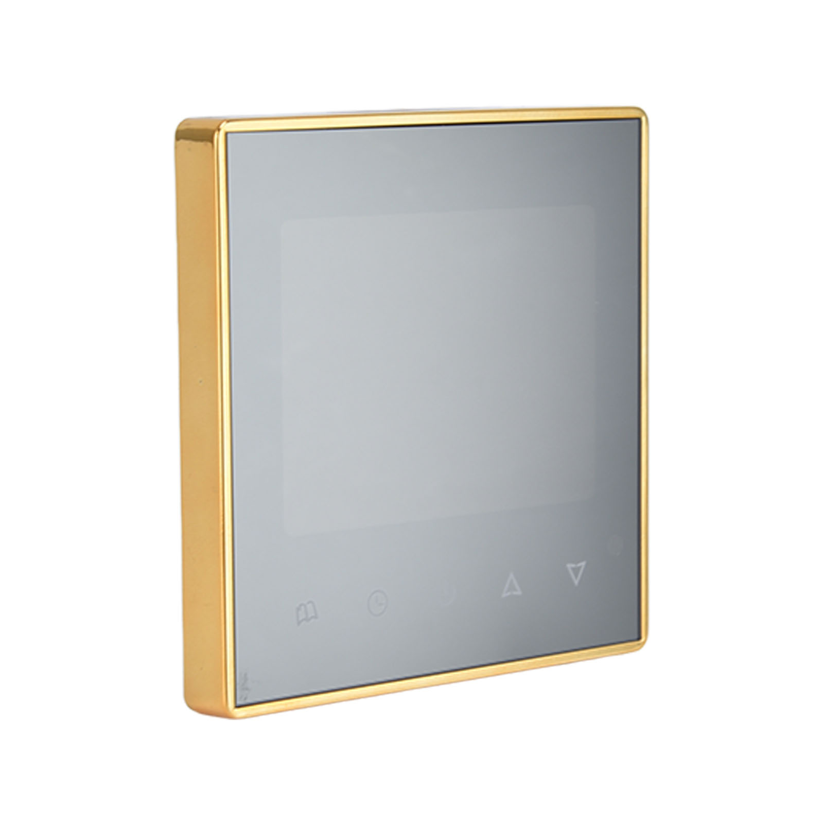 Ein quadratisches Gerät mit goldenem Rahmen und grauem Bildschirm. Es hat Symbole unten und ist auf weißem Hintergrund isoliert.