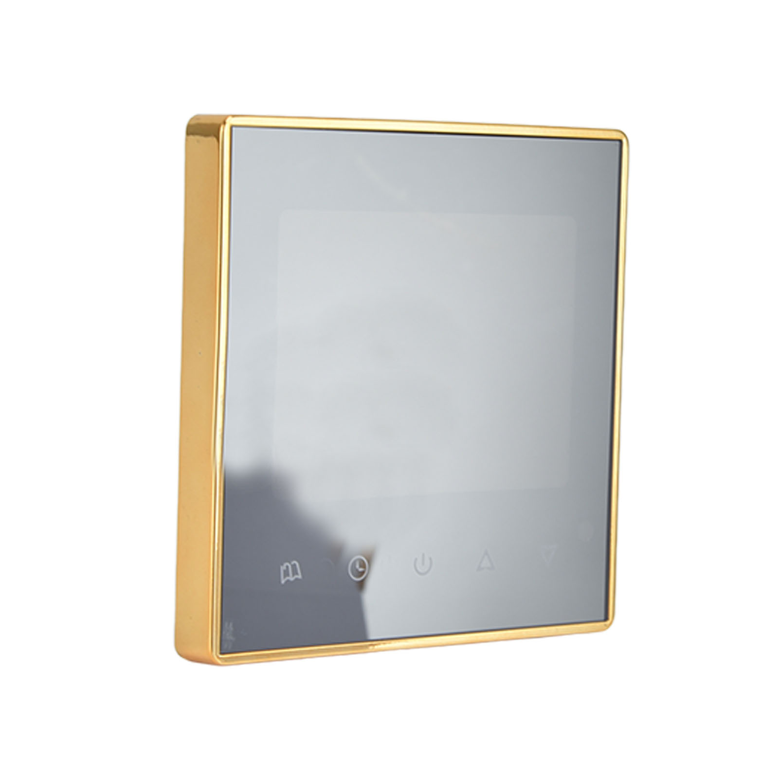 Quadratisches Gerät mit goldenem Rahmen und grauem Bildschirm. Symbole für Menü, Zeit, Ein/Aus und Pfeile sind sichtbar.