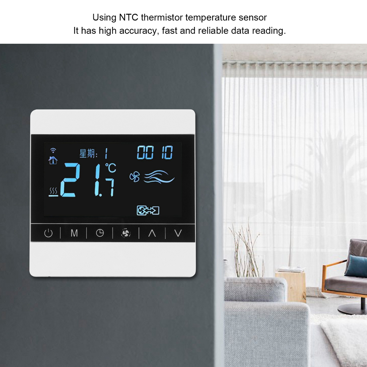 Ein Thermostat zeigt 21,7 Grad Celsius an. Im Hintergrund befinden sich eine Couch und ein Stuhl in der Nähe eines Fensters.