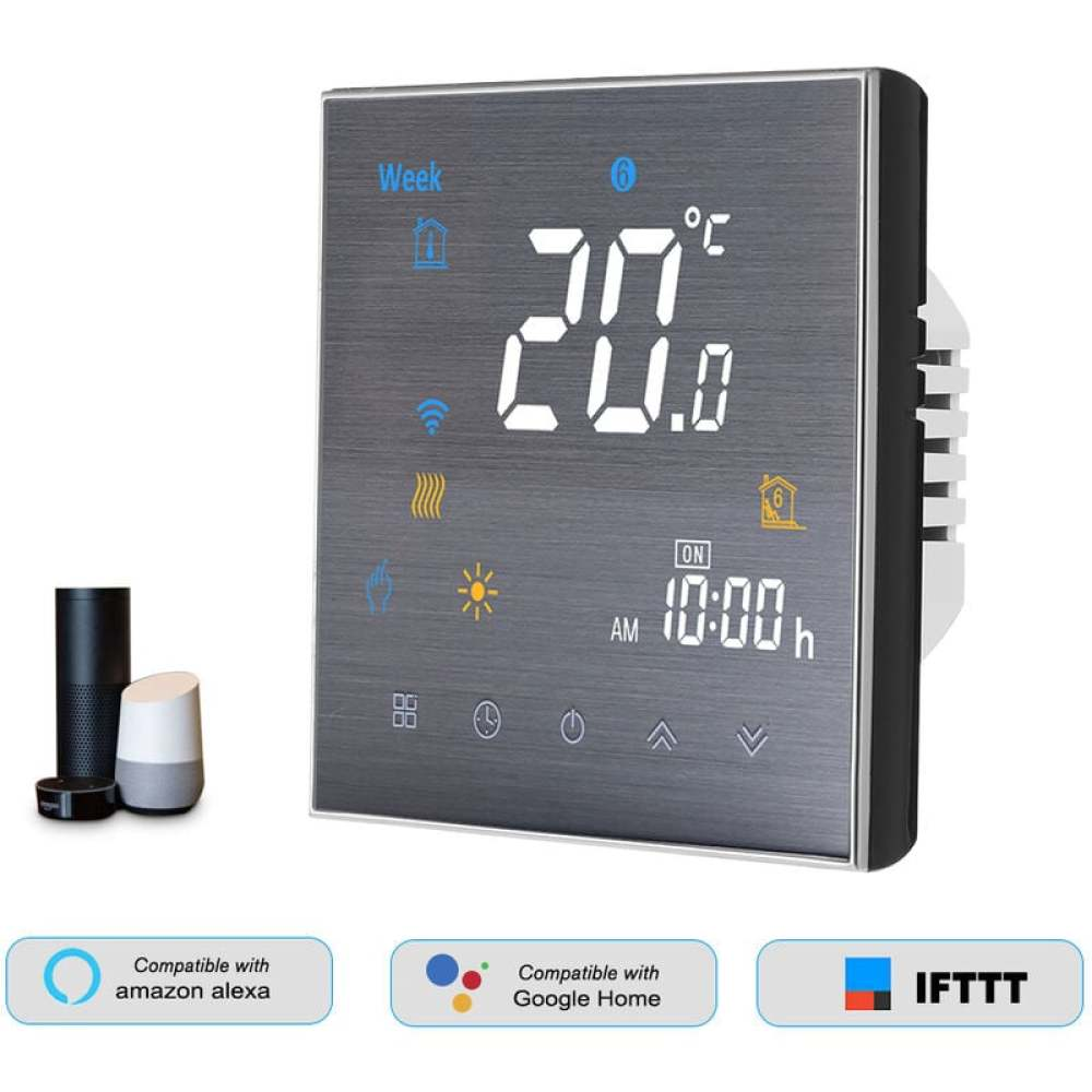 Ein digitales Thermostat zeigt 20,0 Grad an. Es zeigt die Uhrzeit 10:00 Uhr an. Alexa, Google Home und IFTTT kompatibel. Zwei Lautsprecher sind links.