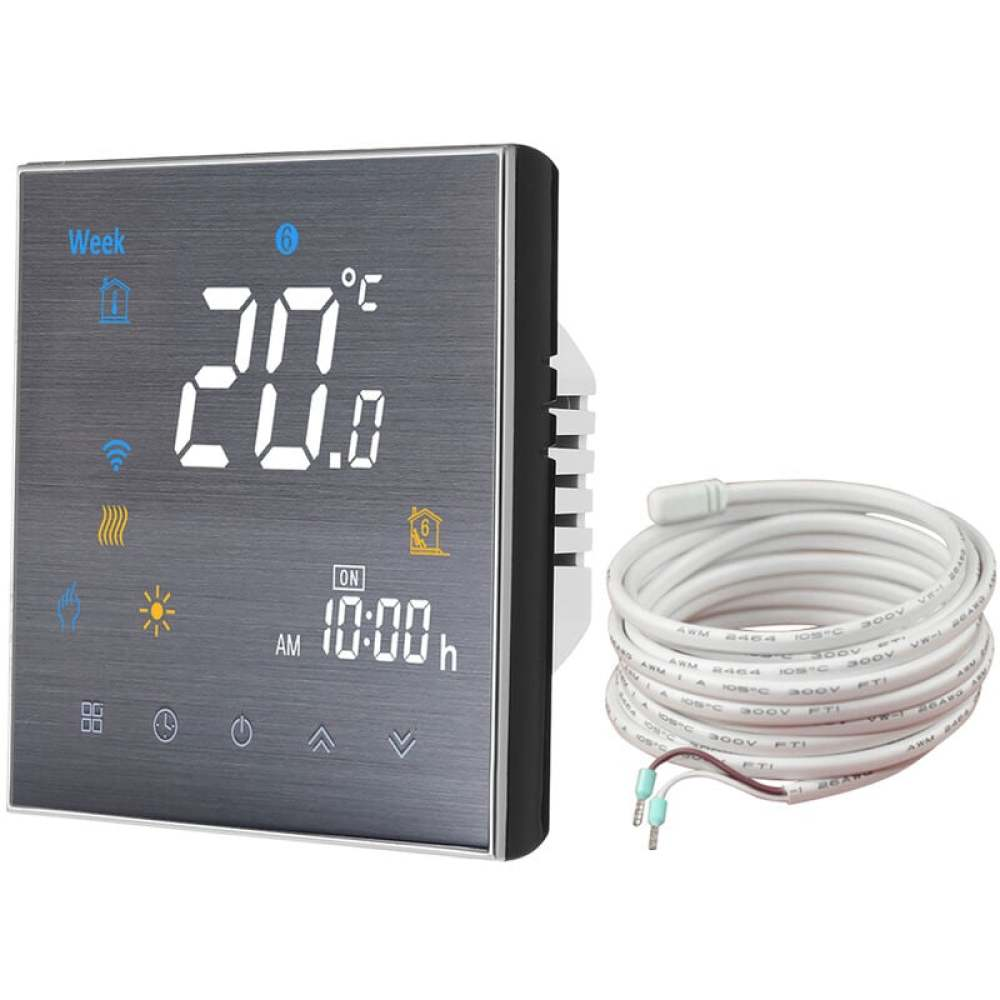 Ein digitales Thermostat zeigt 20 Grad Celsius und die Uhrzeit 10:00 Uhr an. Rechts davon befindet sich ein aufgerolltes weißes Kabel.