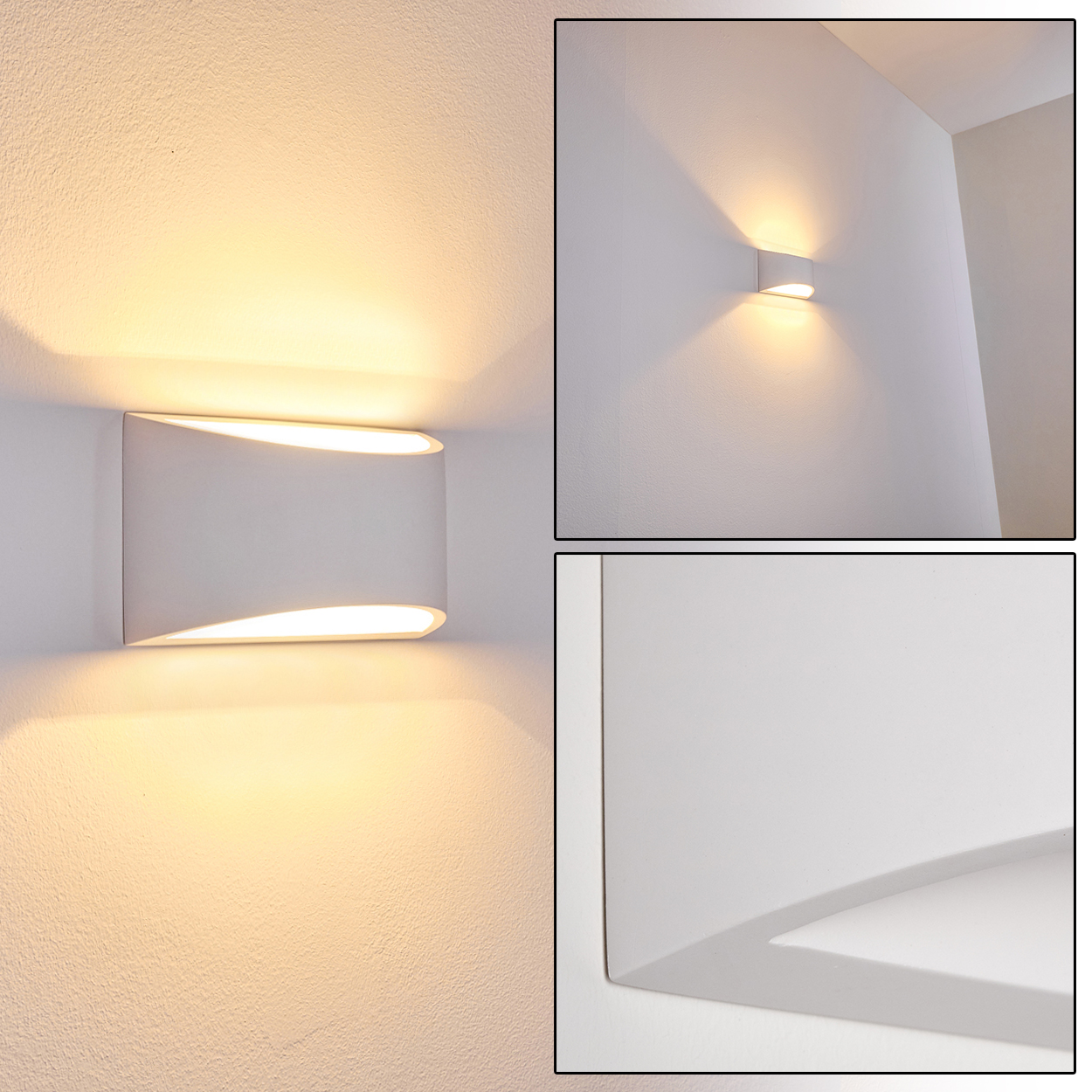 Drei weiße Wandlampen mit warmem Licht. Eine große, zwei kleine. Vor weißen, strukturierten Wänden, die eine minimalistische Ästhetik schaffen.