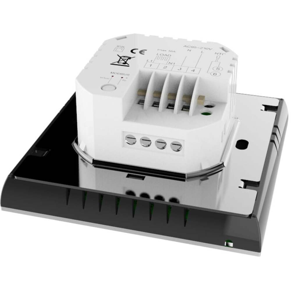 Eine weiße elektrische Komponente mit Anschlüssen befindet sich auf einer schwarzen Basis. Details umfassen Etiketten, Zahlen und Anschlusspunkte.