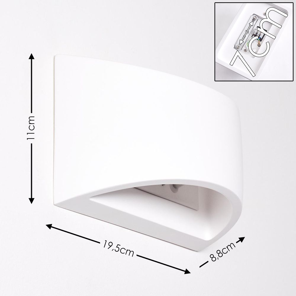 Eine weiße Wandlampe mit angegebenen Abmessungen. Ein kleineres Bild zeigt das Innere mit der Glühbirne.