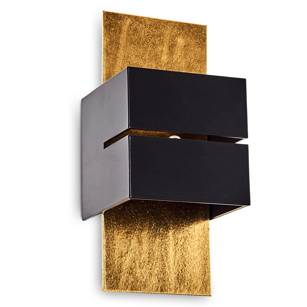 Eine moderne Wandleuchte mit goldenem Hintergrund und schwarzem, rechteckigem Leuchtkörper. Der Hintergrund ist rechteckig.