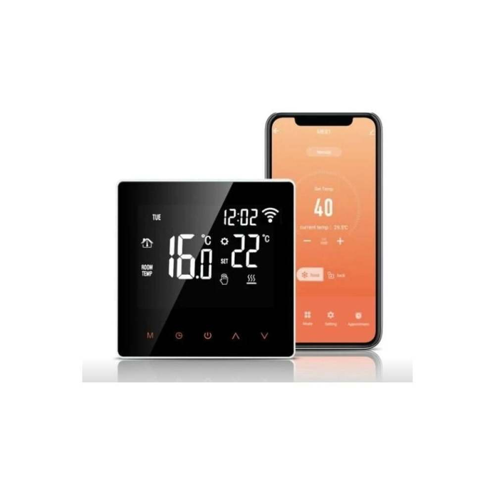 Ein Thermostat zeigt 16,0 °C und 22 °C mit der Uhrzeit 12:02 an. Ein Smartphone zeigt einen orangefarbenen Bildschirm mit Temperaturreglern.