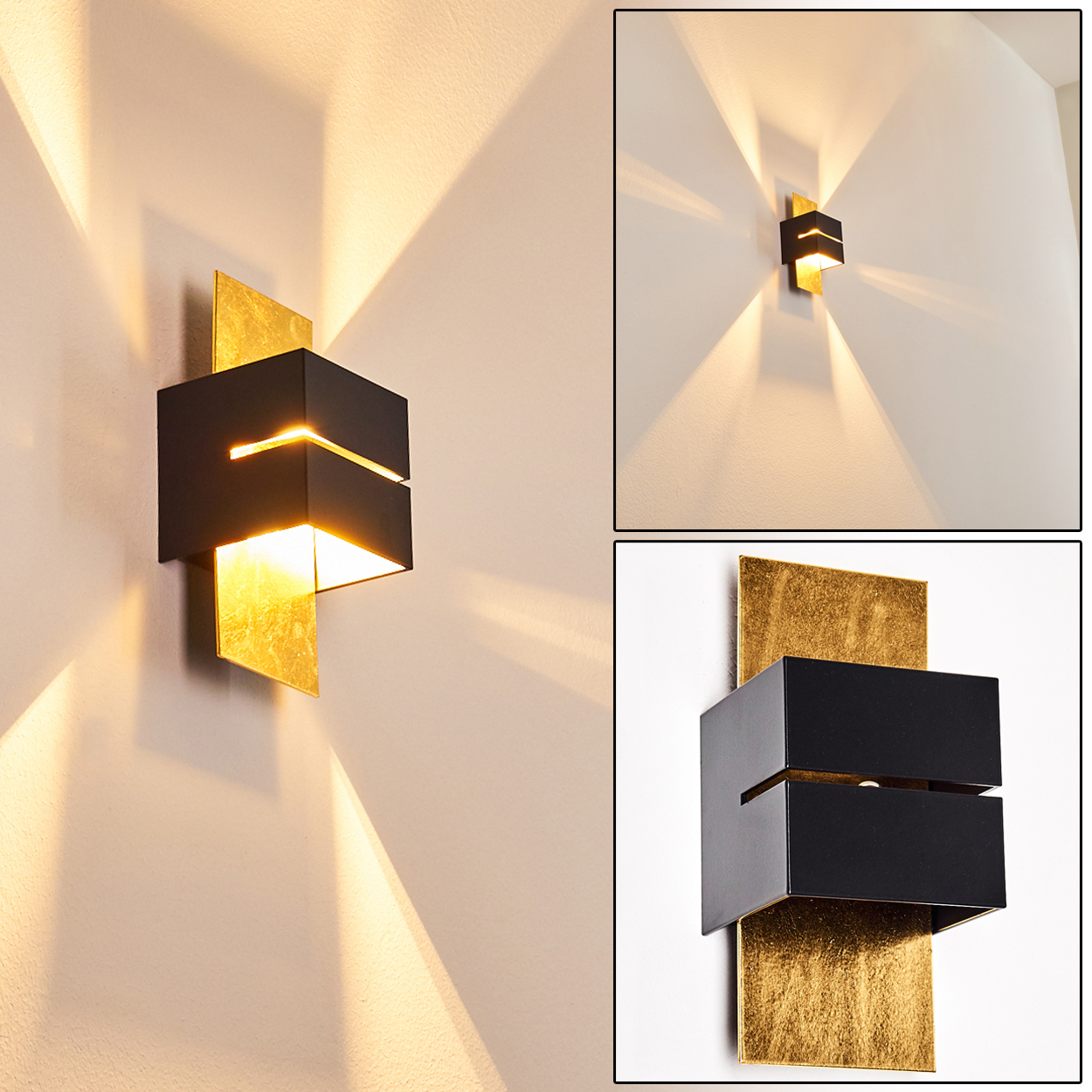 Eine moderne Wandlampe mit schwarzem Würfeldesign und goldenen Akzenten. Sie ist an einer weißen Wand montiert. Das Licht erzeugt Schattenmuster.