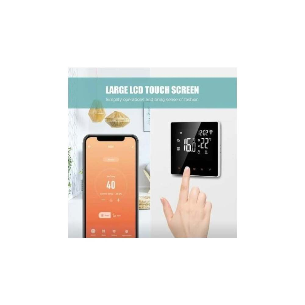 Eine Hand berührt einen schwarzen LCD-Bildschirm, der Temperatur und Uhrzeit anzeigt. Ein Smartphone zeigt eine App mit einer Temperatureinstellung von 40 an.
