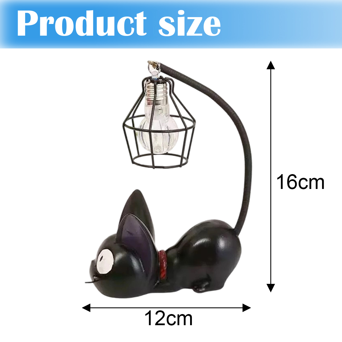 Eine schwarze Katzenförmige Lampe mit einem vergitterten Leuchtmittel, 16cm hoch und 12cm lang. Der Text oben lautet 'Produktgröße'.