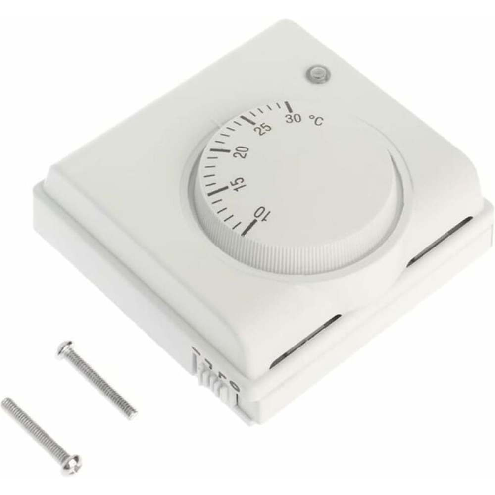 Ein weißes Thermostat mit einem Drehknopf, Temperaturmarkierungen und zwei Schrauben daneben.