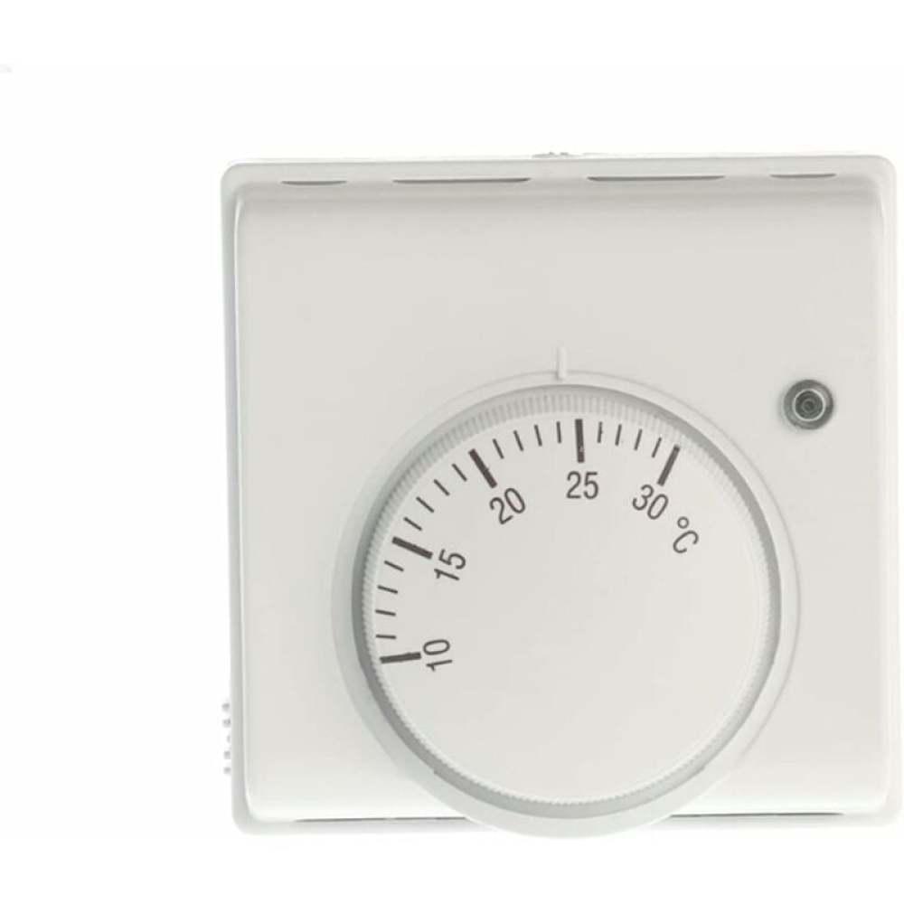 Ein weißer Thermostat mit rundem Zifferblatt. Die Zahlen 10 bis 30 markieren die Temperatur in Celsius. Ein kleiner grauer Knopf ist sichtbar.