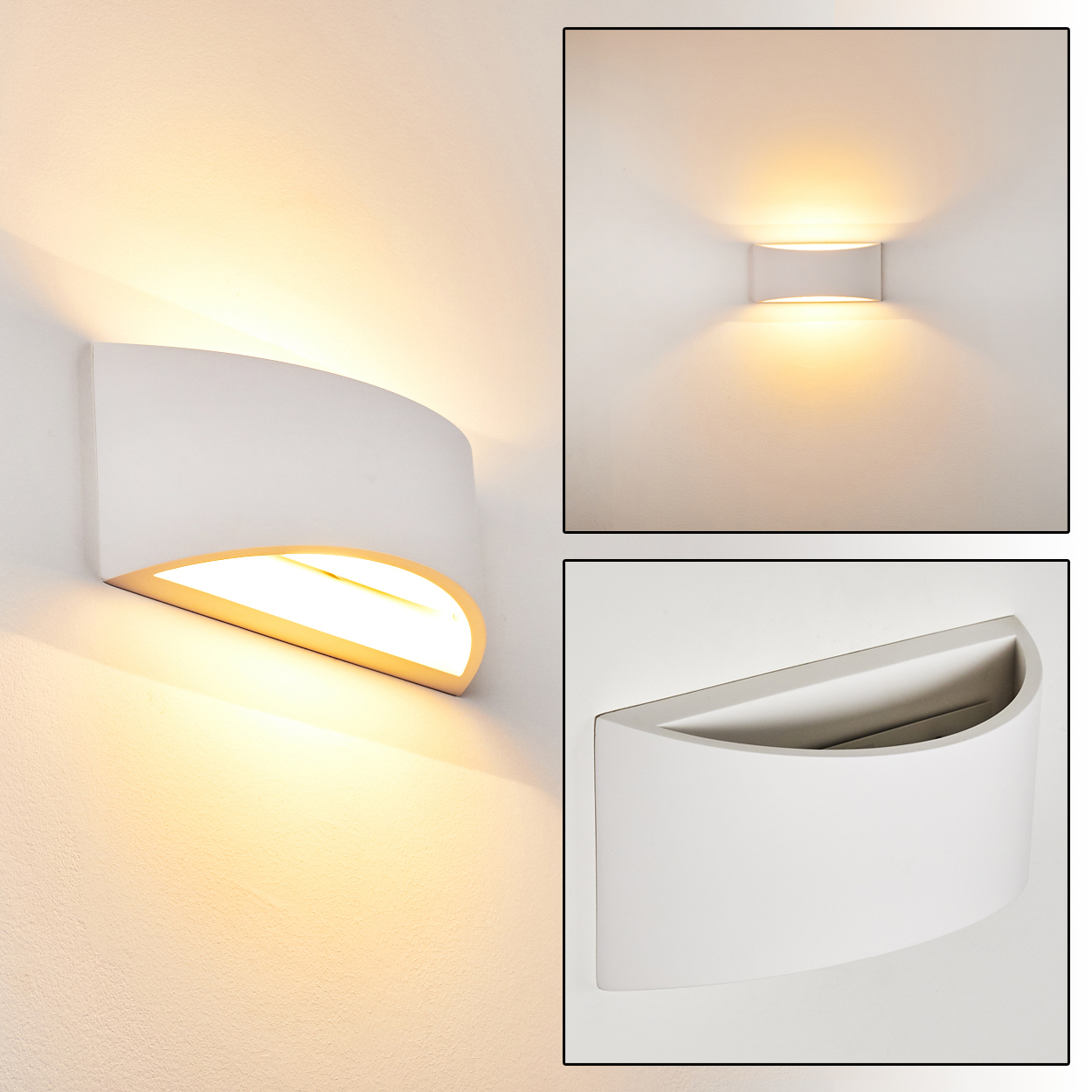 Eine weiße, gebogene Wandleuchte ist an einer weißen Wand montiert. Die Lampe strahlt warmes Licht aus. Zusätzliche Nahaufnahmen sind ebenfalls vorhanden.