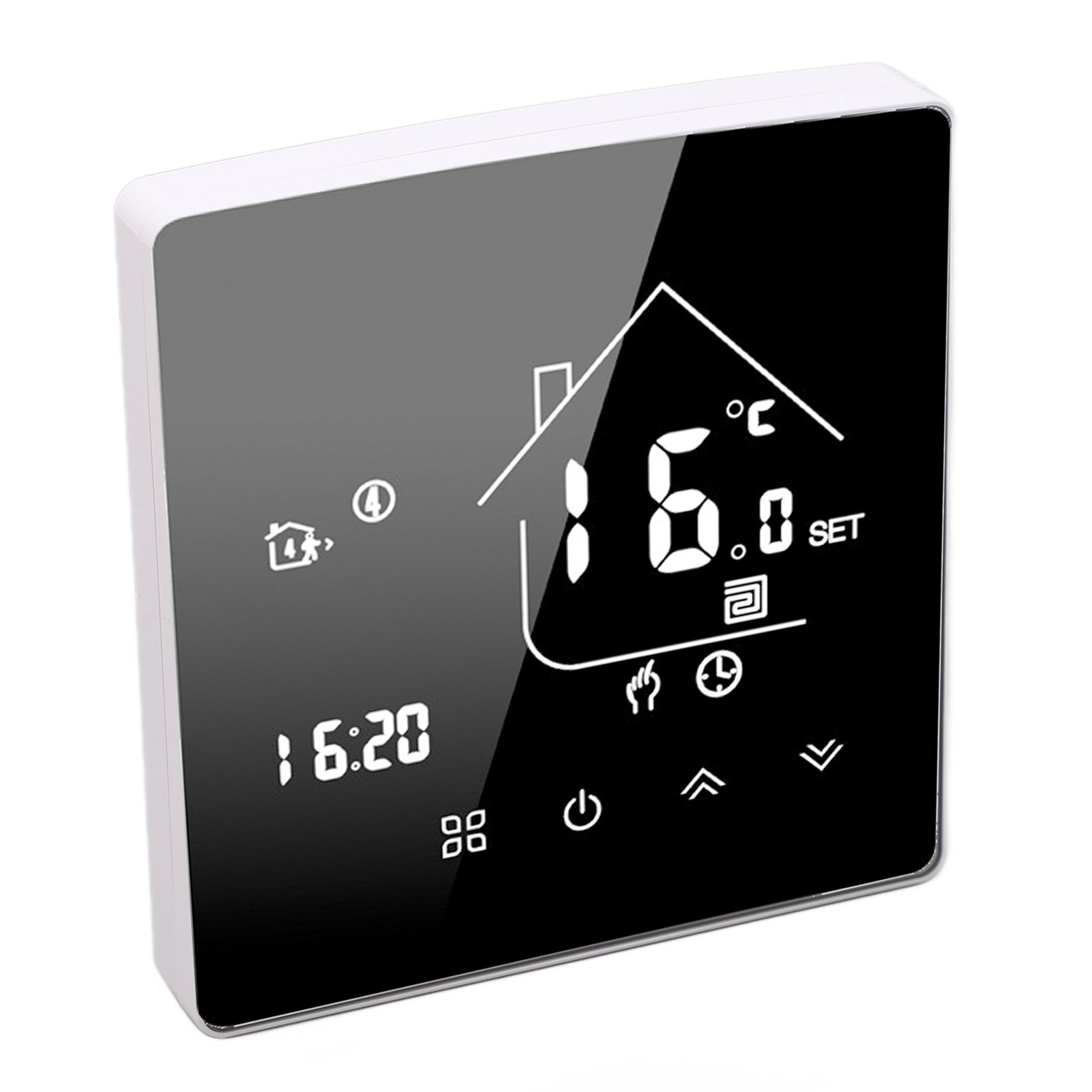 Ein digitales Thermostat mit weißem Rahmen. Es zeigt Uhrzeit und Temperatur sowie Steuerungssymbole an.