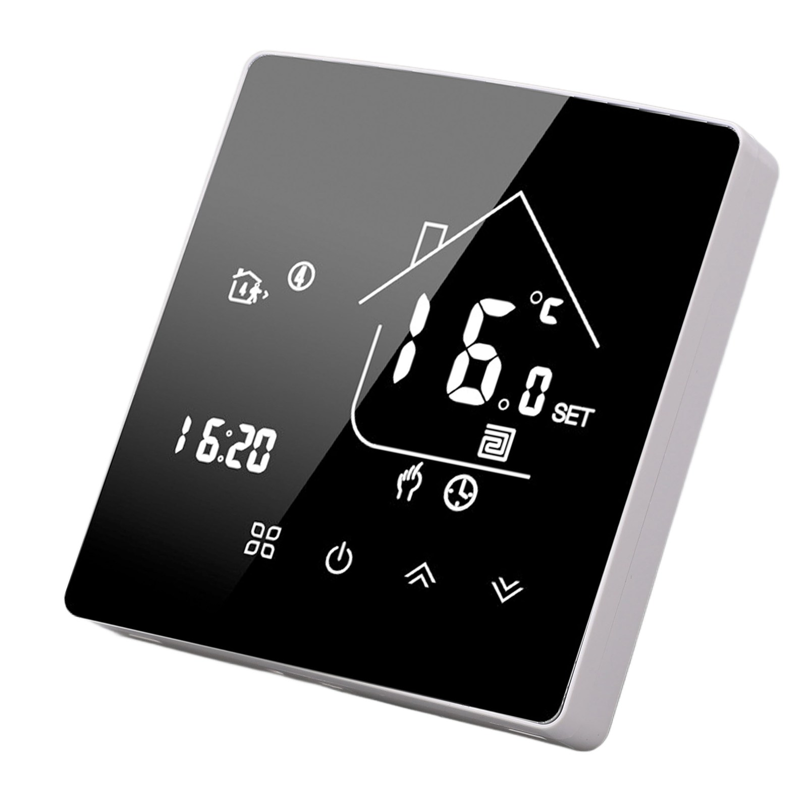 Digitaler Thermostat mit schwarzem Bildschirm, der Zeit, Temperatur und Haussymbol anzeigt. Er hat Steuertasten.