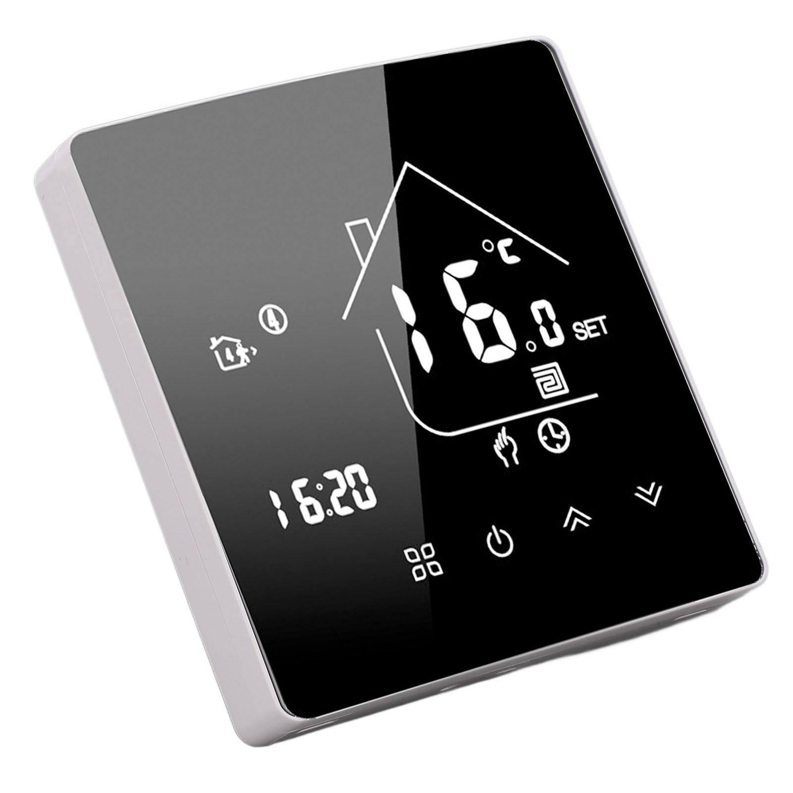 Ein digitales Thermostat mit schwarzem Bildschirm, der Zeit und Temperatur sowie verschiedene Symbole anzeigt.