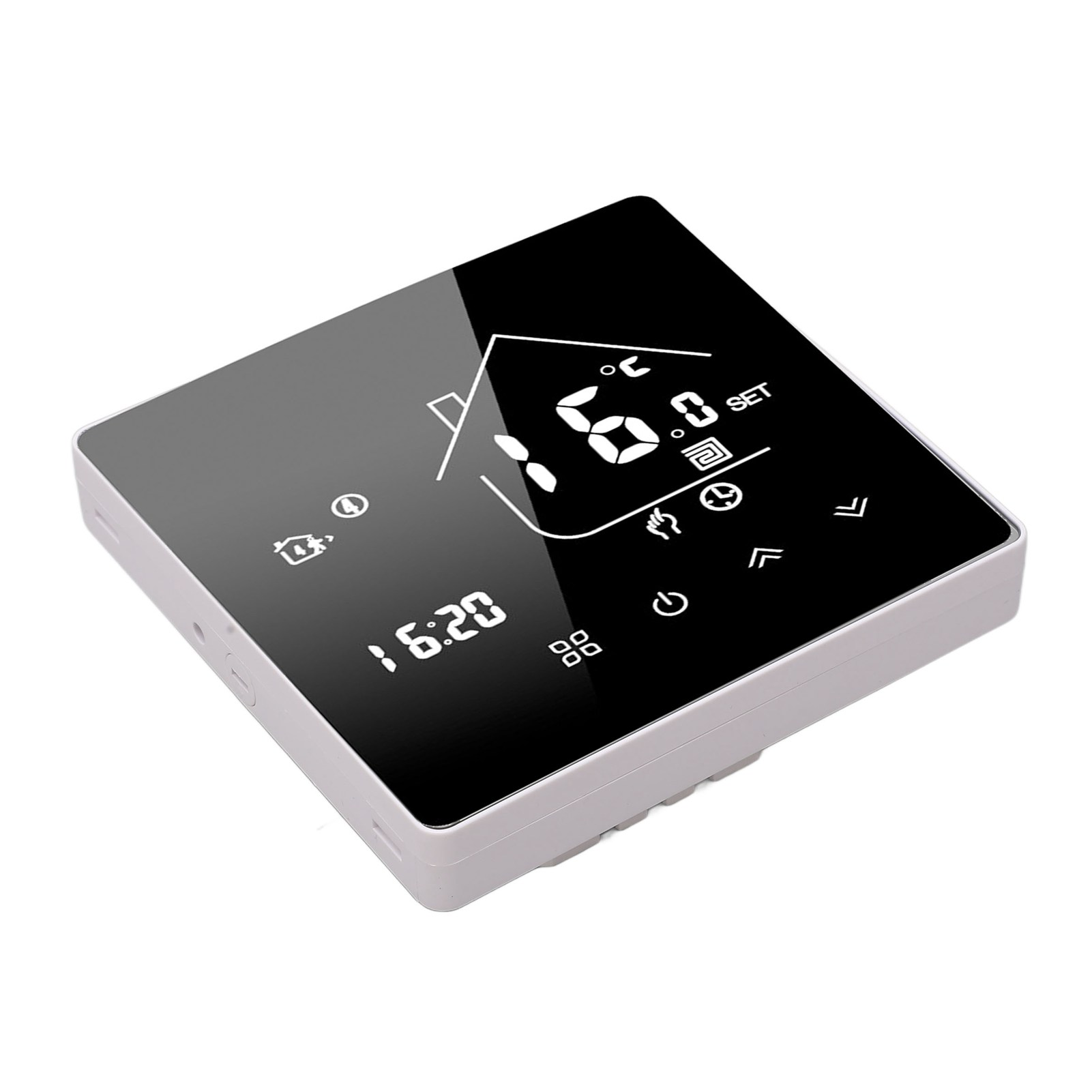 Ein weißes Thermostat mit schwarzem Bildschirm, der Zeit, Temperatur und verschiedene Steuerungssymbole anzeigt.