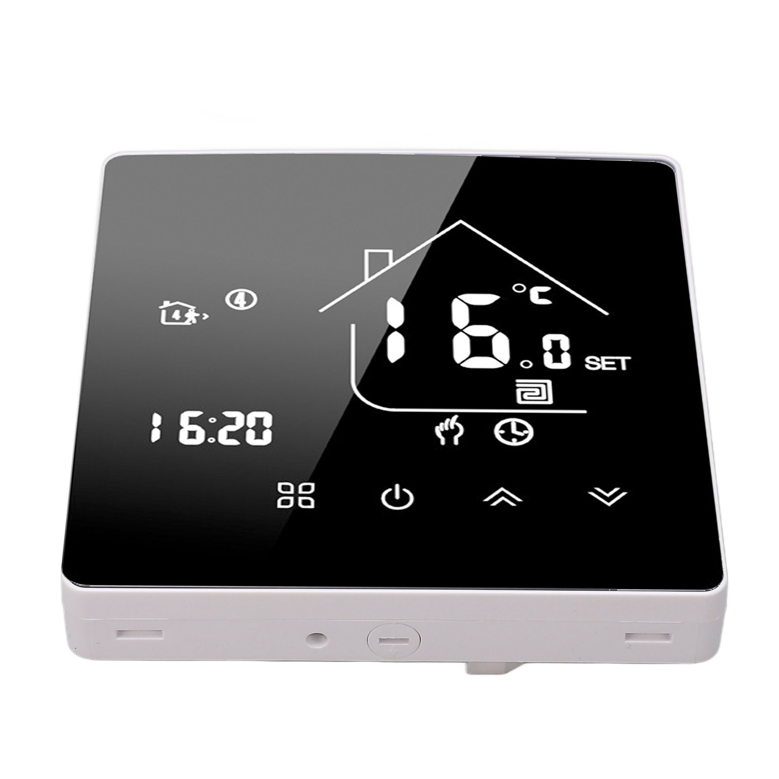 Ein digitaler Thermostat mit schwarzem Bildschirm, der Zeit, Temperatur und Haussymbol anzeigt. Es ist weiß.