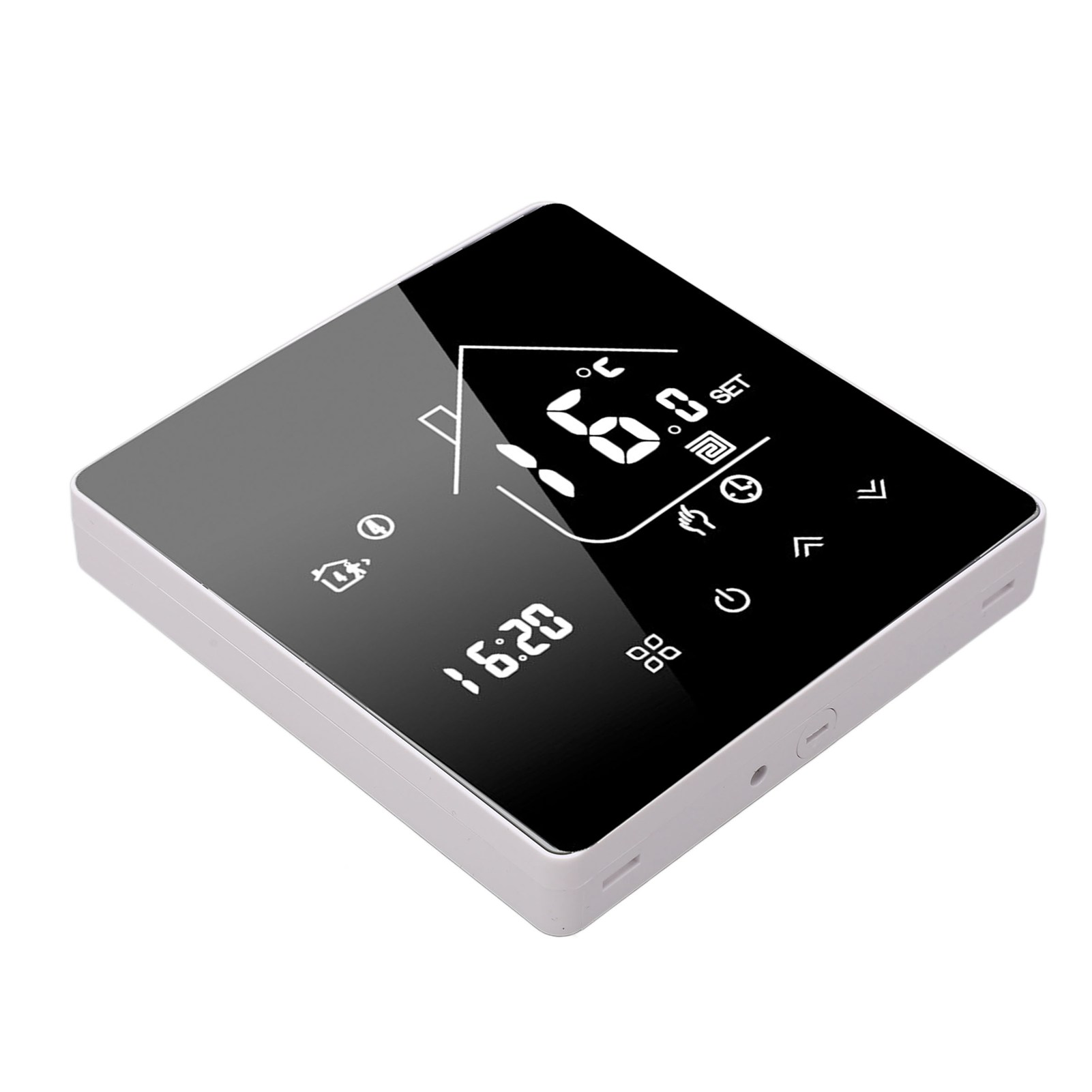 Ein weißer quadratischer Thermostat mit schwarzem Bildschirm, der Zeit, Temperatur, Symbole und Tasten anzeigt.
