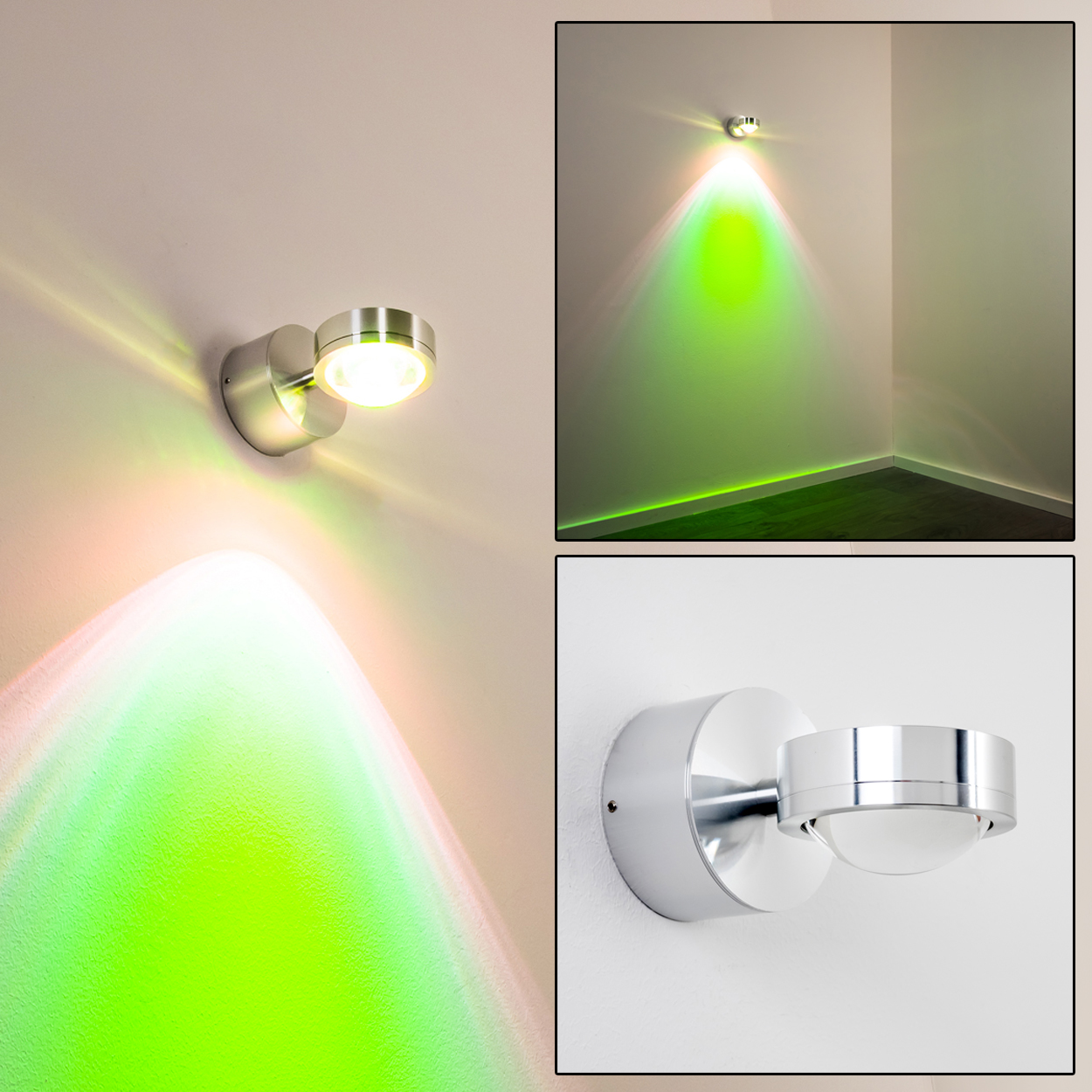 Eine moderne, silberne Wandleuchte beleuchtet eine Wand mit grünem und rosa Licht. Die Lampe selbst ist kreisförmig mit hellem Licht.