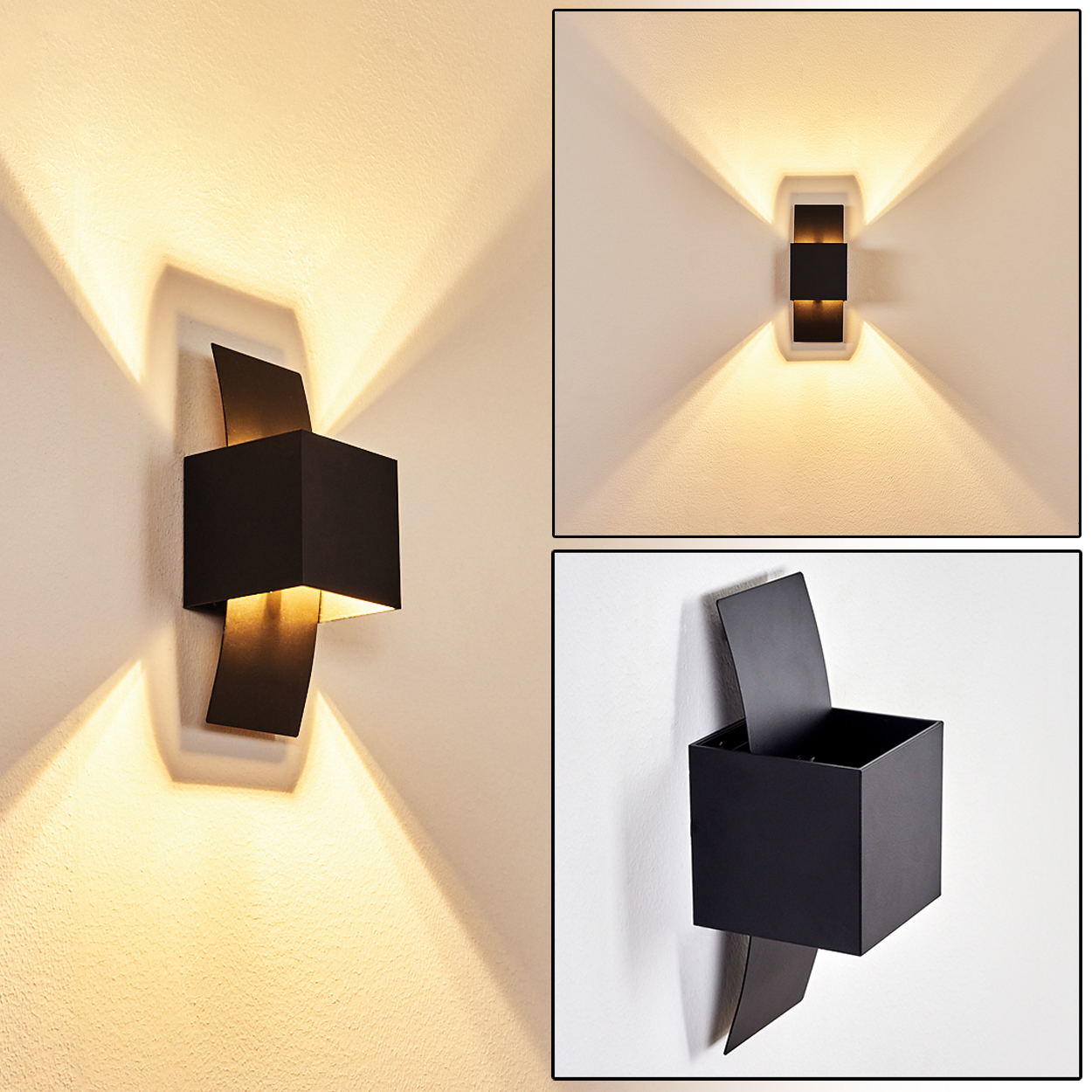 Drei schwarze Wandleuchten mit warmem Licht. Jede hat einen quadratischen Körper und gebogene Seitenteile. Sie sind an weißen Wänden montiert.