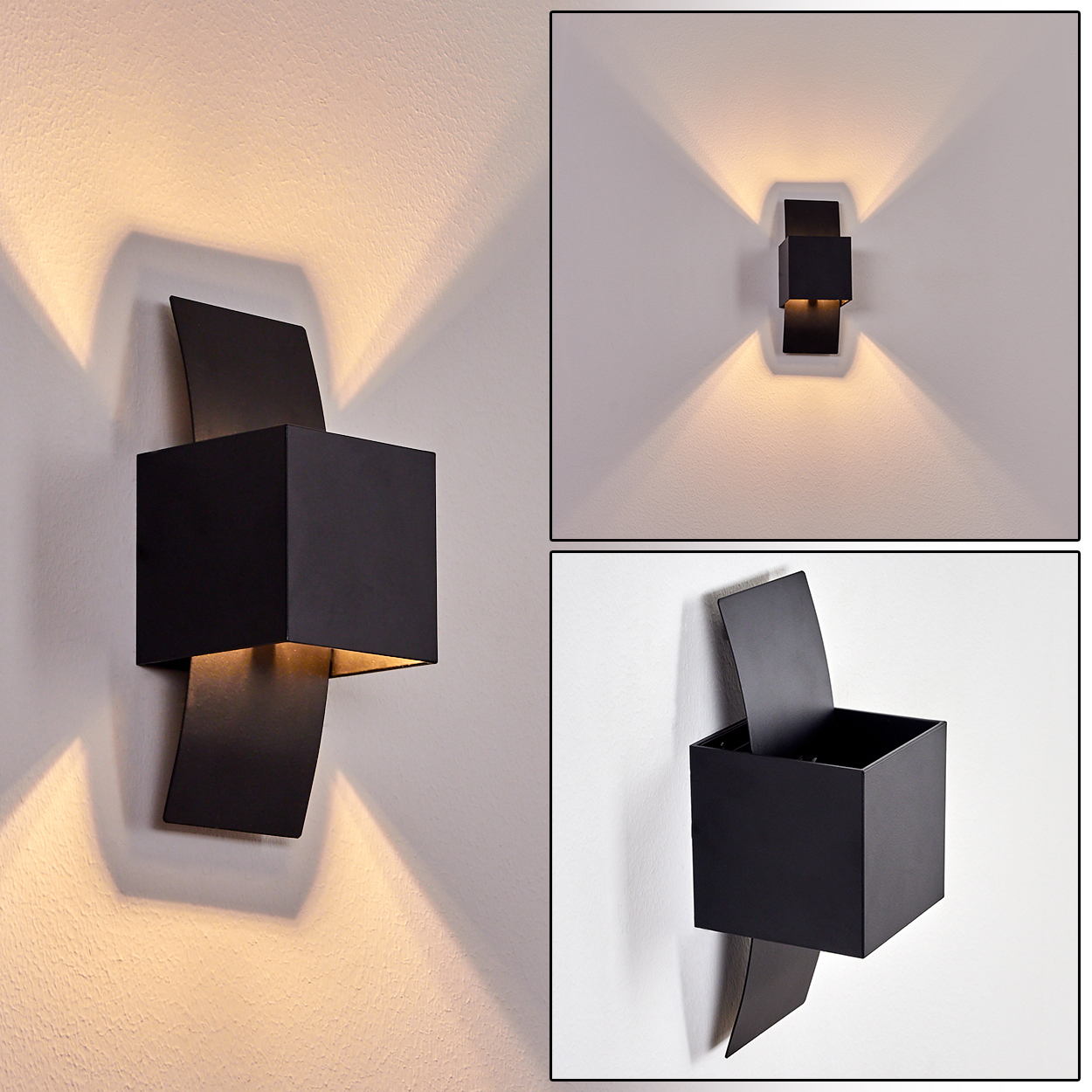 Drei Bilder einer schwarzen Wandleuchte mit quadratischem Korpus und gebogenen Seitenteilen, montiert an einer weißen Wand. Die Lampe strahlt warmes Licht aus.