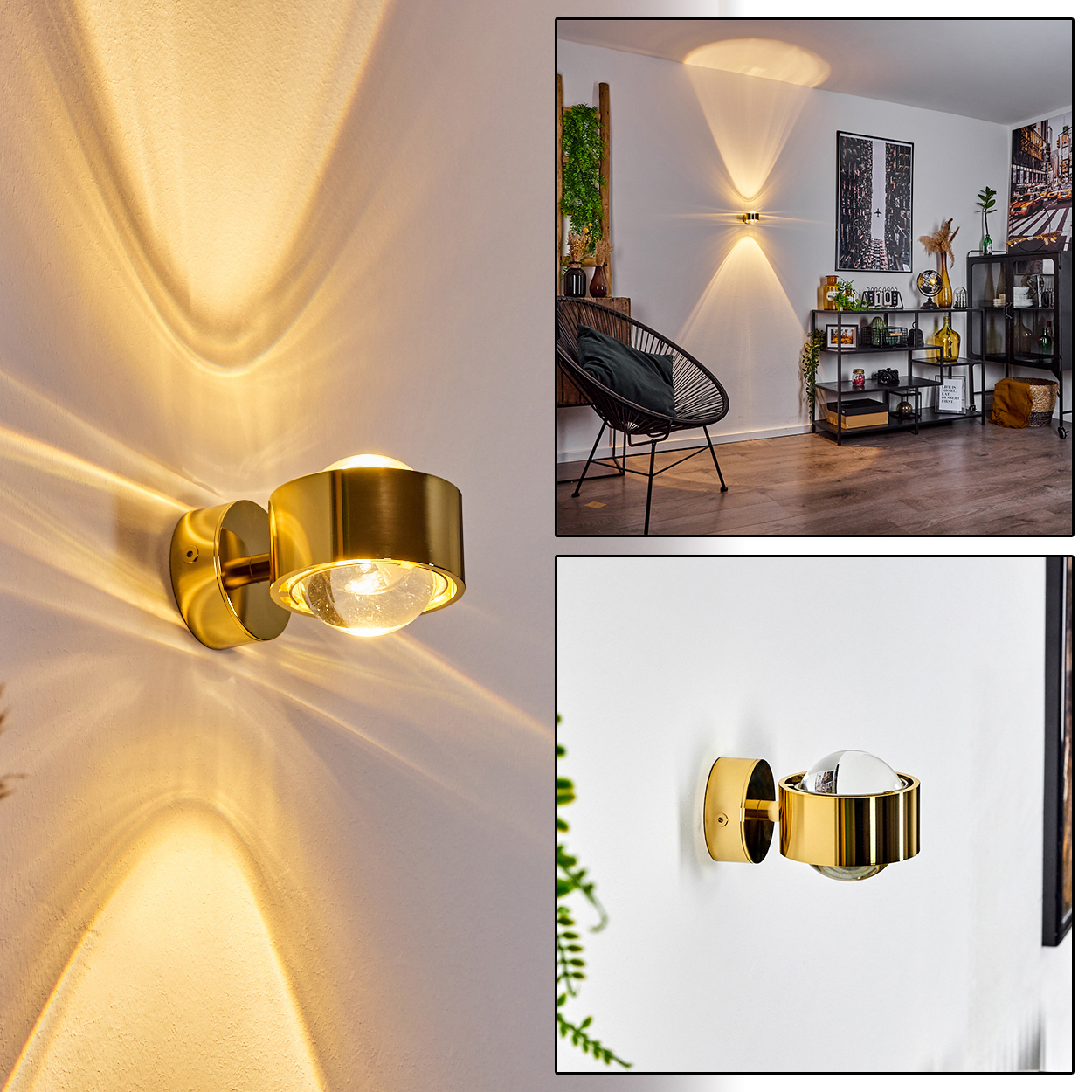 Eine goldene Wandleuchte mit kugelförmigem Glasschirm ist an einer weißen Wand montiert und wirft warmes Licht. Der Raum ist dekoriert.