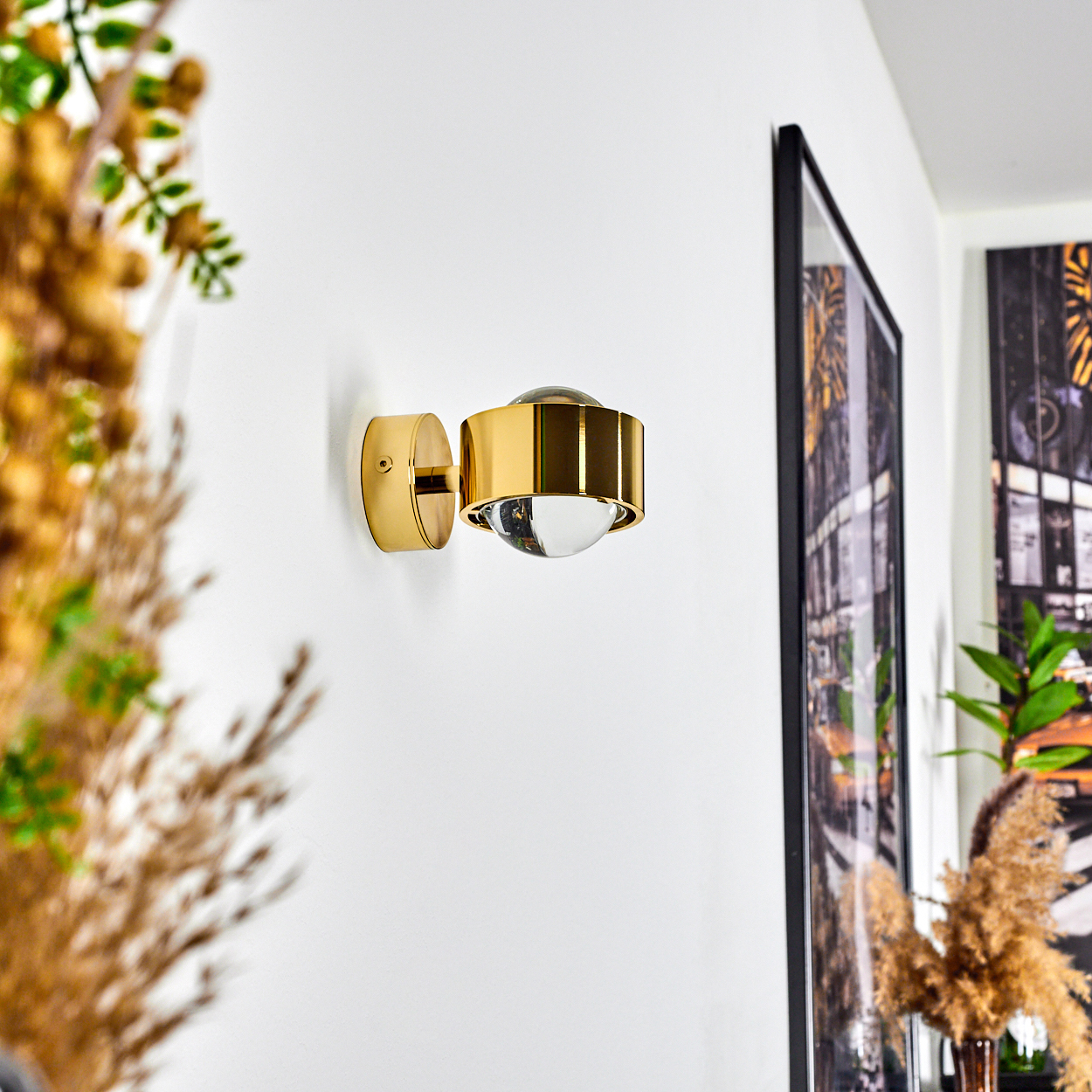 Goldene Wandlampe mit Glaskugel. Getrocknete Pflanzen im Vordergrund, gerahmtes Bild im Hintergrund.