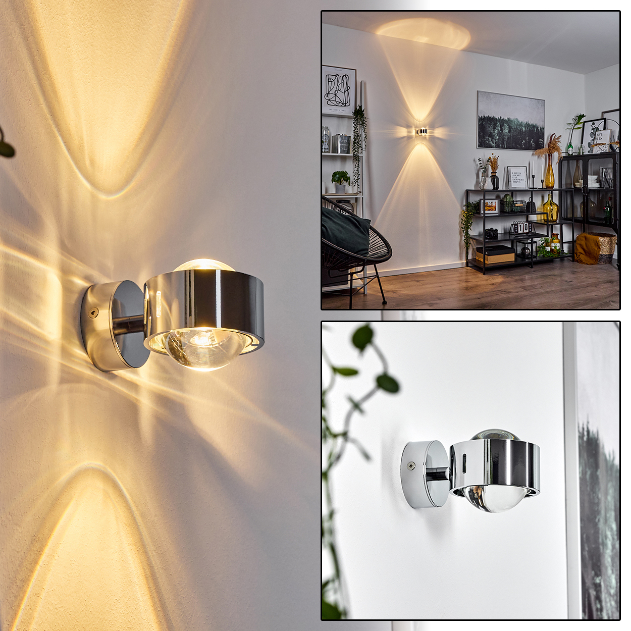 Eine moderne Wandleuchte mit Chromausführung, die Lichtmuster wirft. Der Raum hat Dekorationen mit Regalen, Kunst und einem Stuhl.