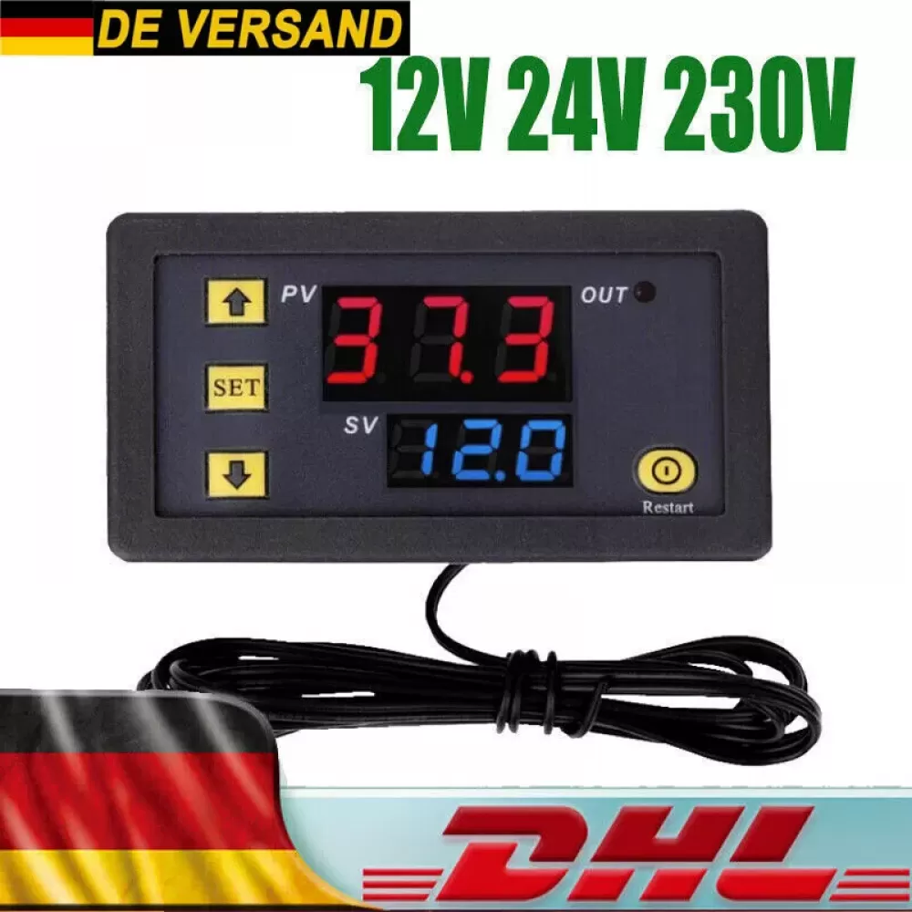 Ein schwarzer Temperaturregler mit roten und blauen Digitalanzeigen. Der Text "12V 24V 230V" und ein DHL-Logo sind sichtbar.