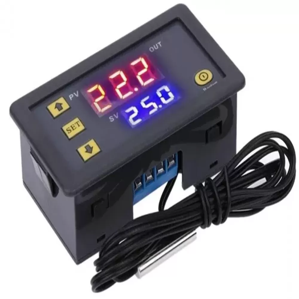Ein digitaler Temperaturregler mit Anzeige 22,2 und 25,0. Es hat Knöpfe und eine Sonde mit schwarzem Kabel.