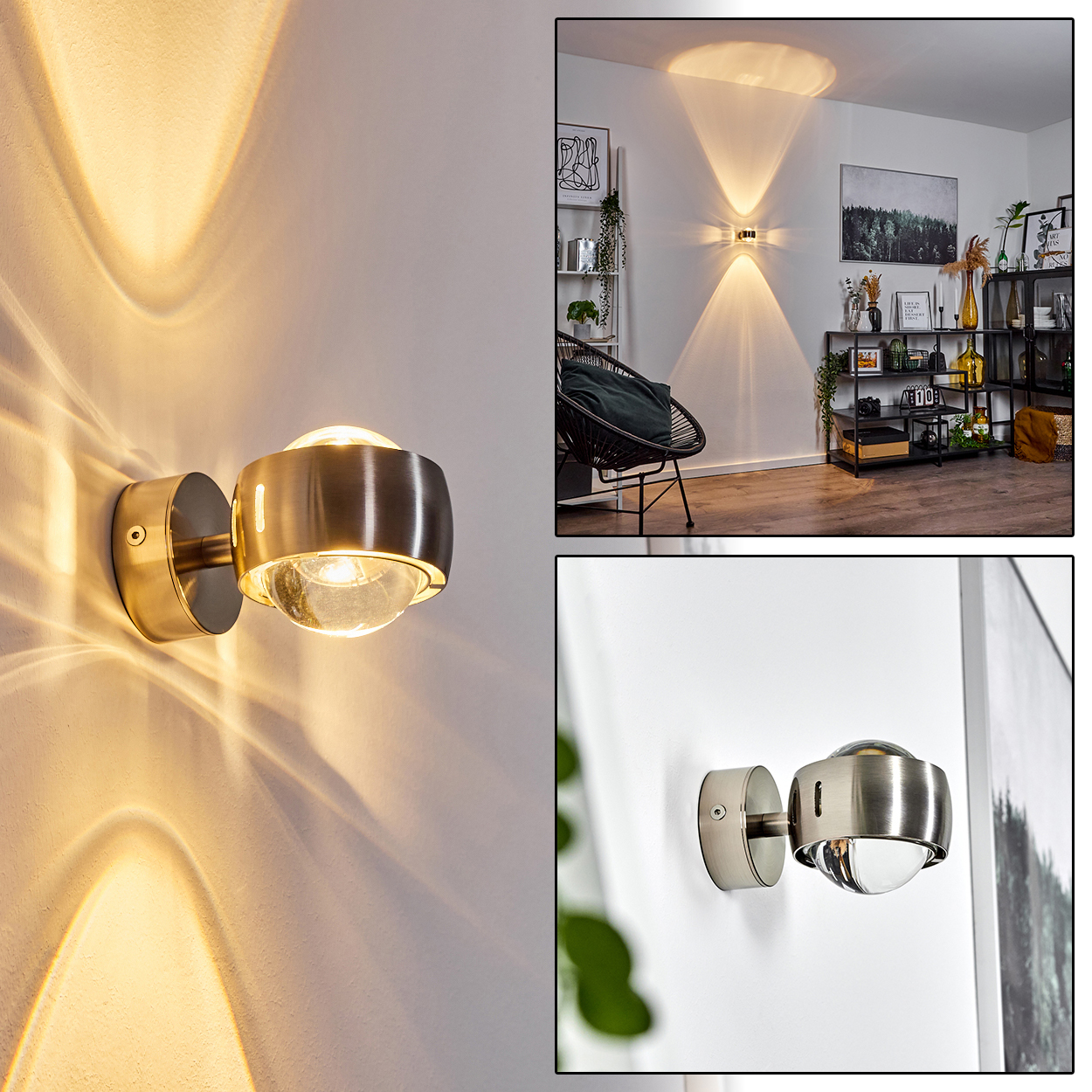 Eine metallische Wandleuchte mit kugelförmigem Glasschirm ist an einer weißen Wand befestigt. Das Licht erzeugt ein Muster.