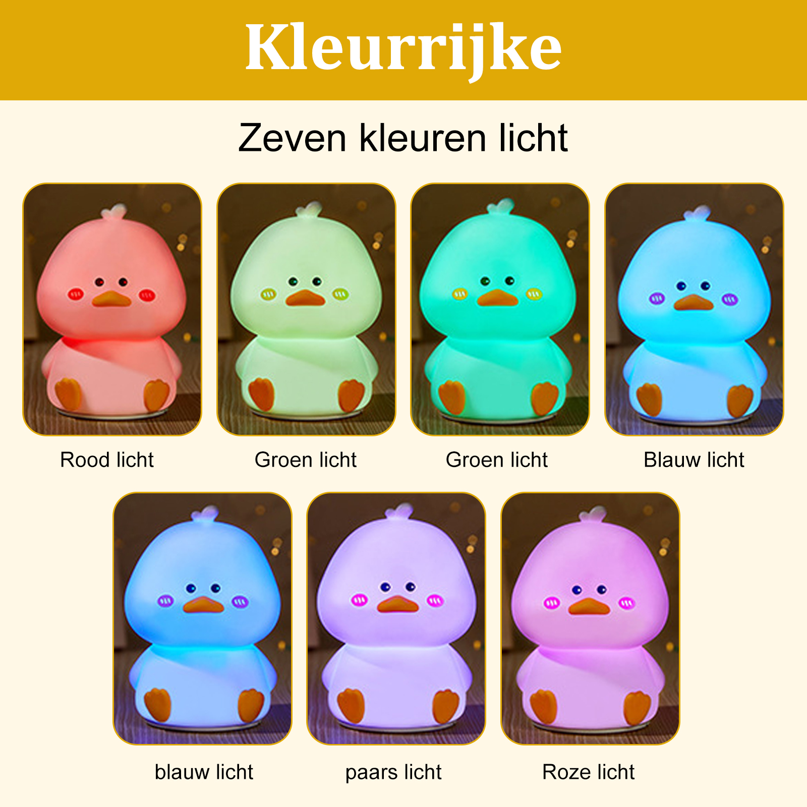 Das Bild zeigt sieben Entenlampen in verschiedenen Farben, jede mit ihrer Lichtfarbe auf Niederländisch beschriftet.