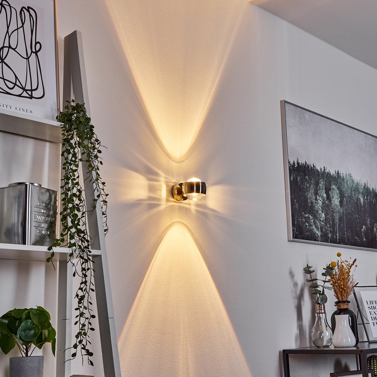 Eine Wandleuchte wirft einen schmetterlingsförmigen Schein. Die Wand ist weiß, mit einem gerahmten Bild. Ein Regal hält Pflanzen und Dekorationsartikel.