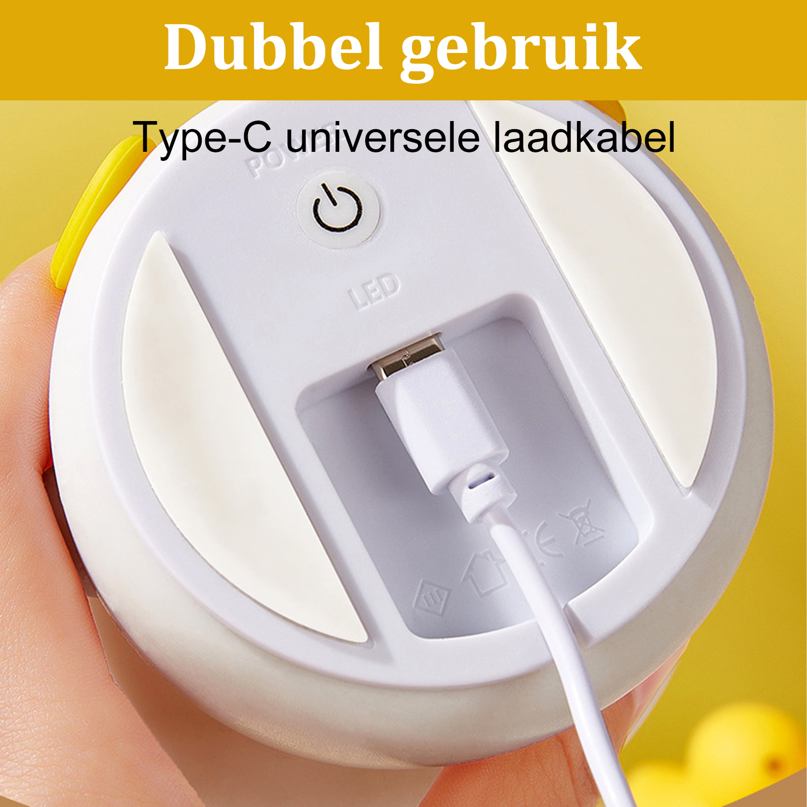 Ein weißes und gelbes Ladegerät mit einem angeschlossenen Typ-C-Kabel. Oben befindet sich ein Stromsymbol und Text.