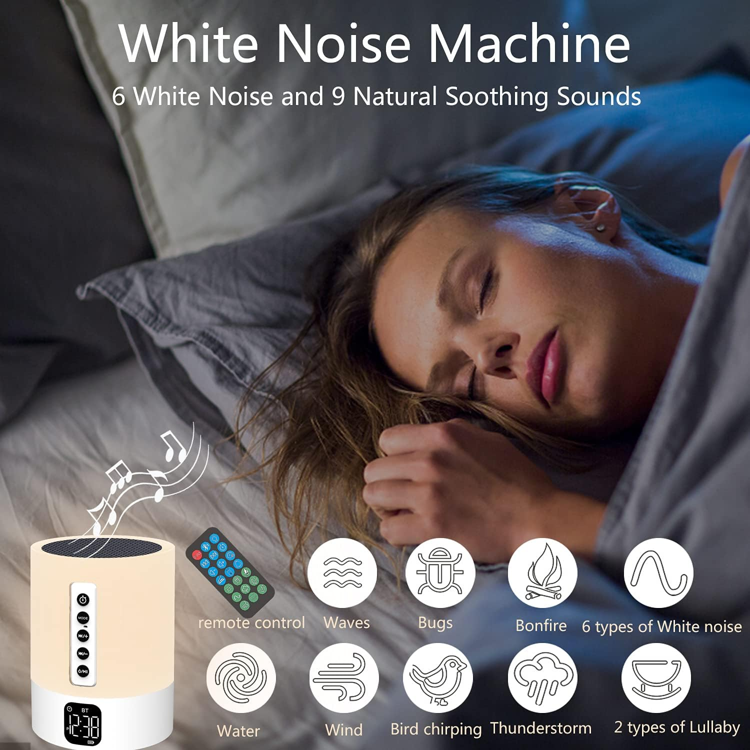Eine Frau schläft im Bett. Im Vordergrund befindet sich ein White-Noise-Gerät mit Fernbedienung. Symbole für Geräusche wie Wellen und Vögel sind abgebildet.