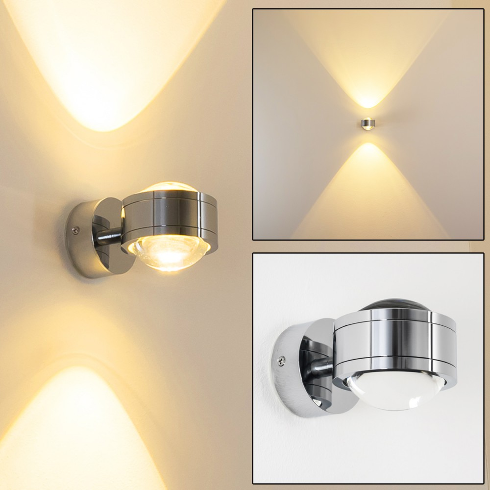 Drei Nahaufnahmen einer Wandlampe. Die Lampe ist silberfarben, mit einer Glaskuppel. Sie strahlt warmes Licht aus und wirft einen breiten Strahl an die Wand.